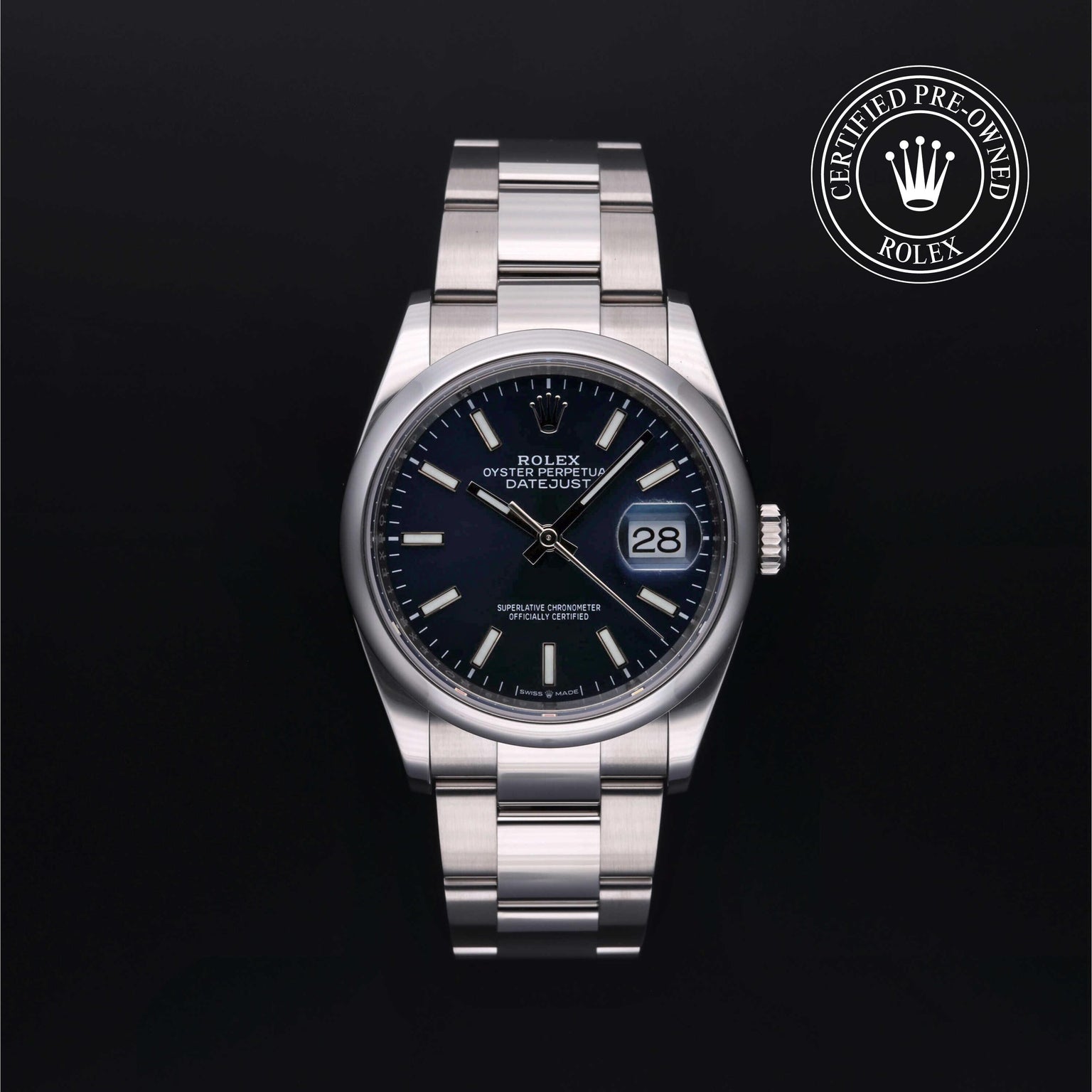 Rolex Certified Pre-owned Datejust M126200-0006 front on black background