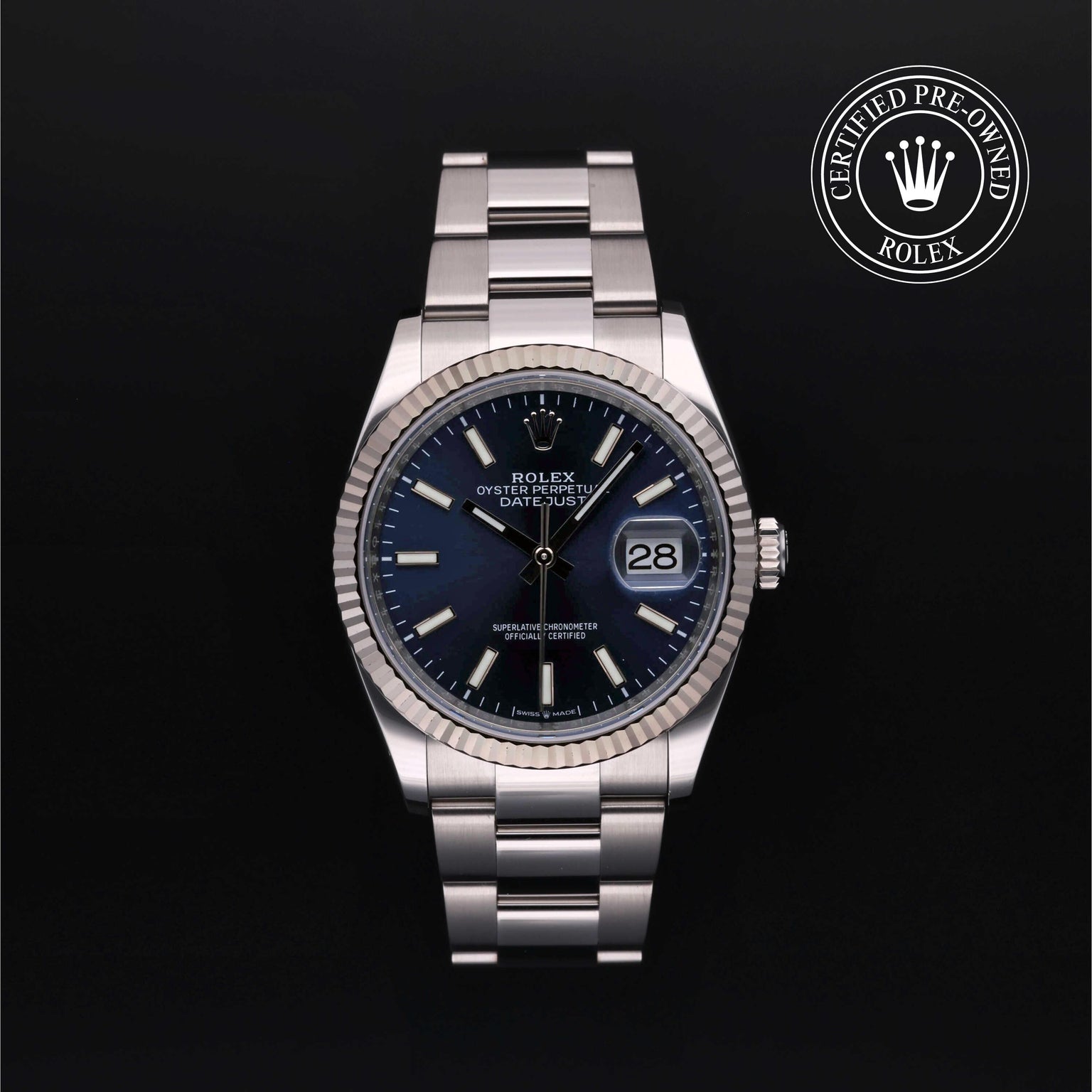 Rolex Certified Pre-owned Datejust M126234-0018 front on black background