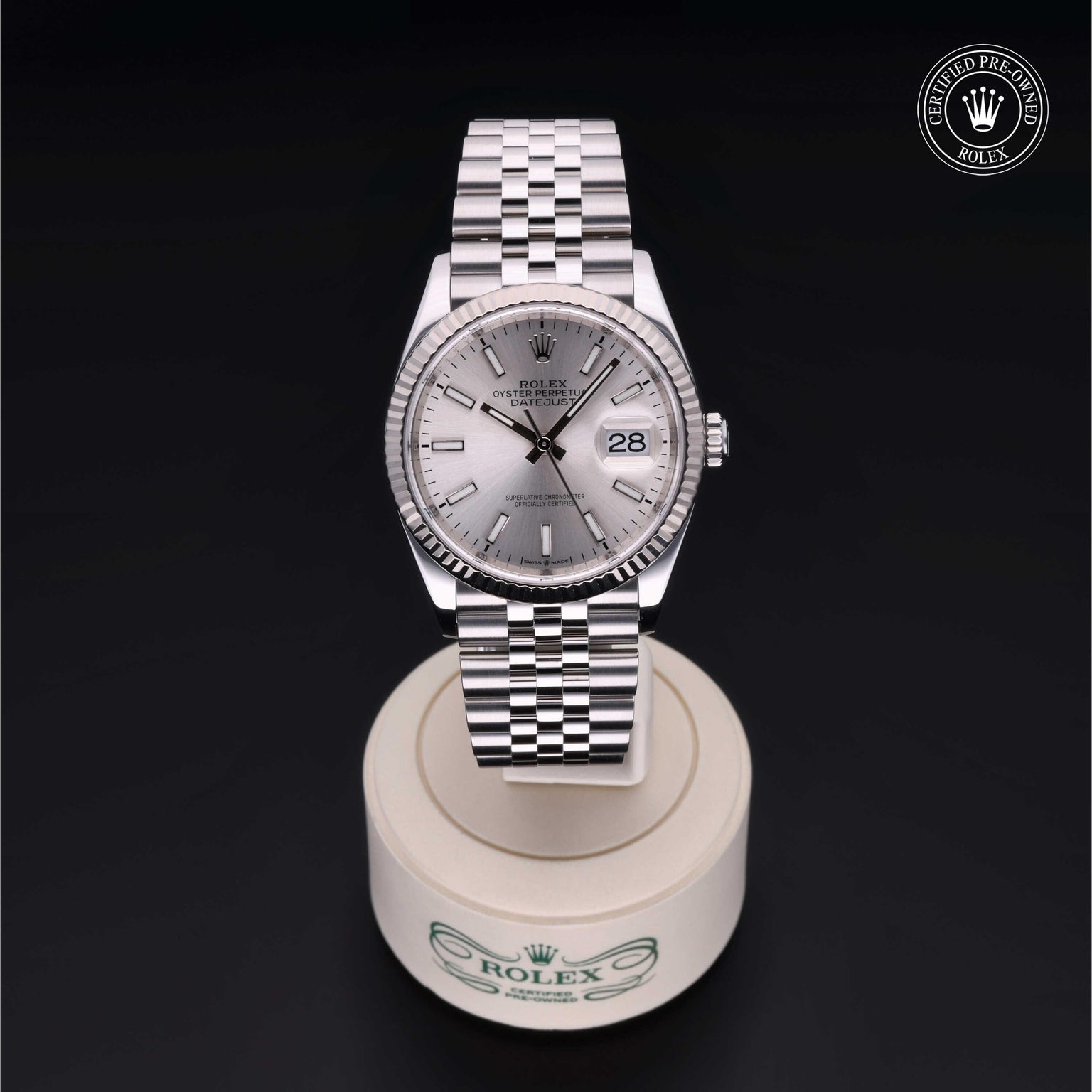 Rolex Certified Pre-owned Datejust M126234-0013 front on black background
