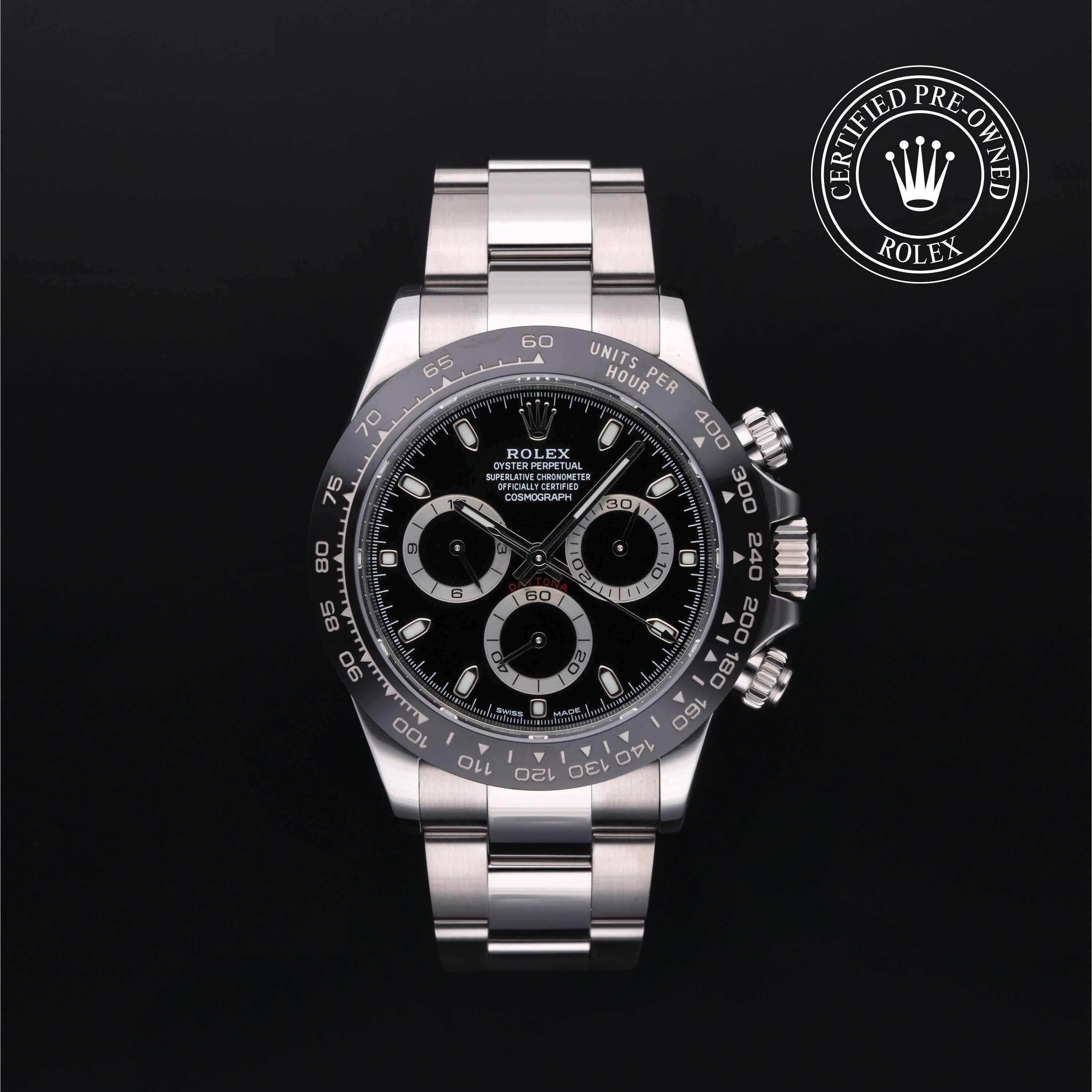 Rolex Certified Pre-owned Daytona M116500LN-0002 front on black background