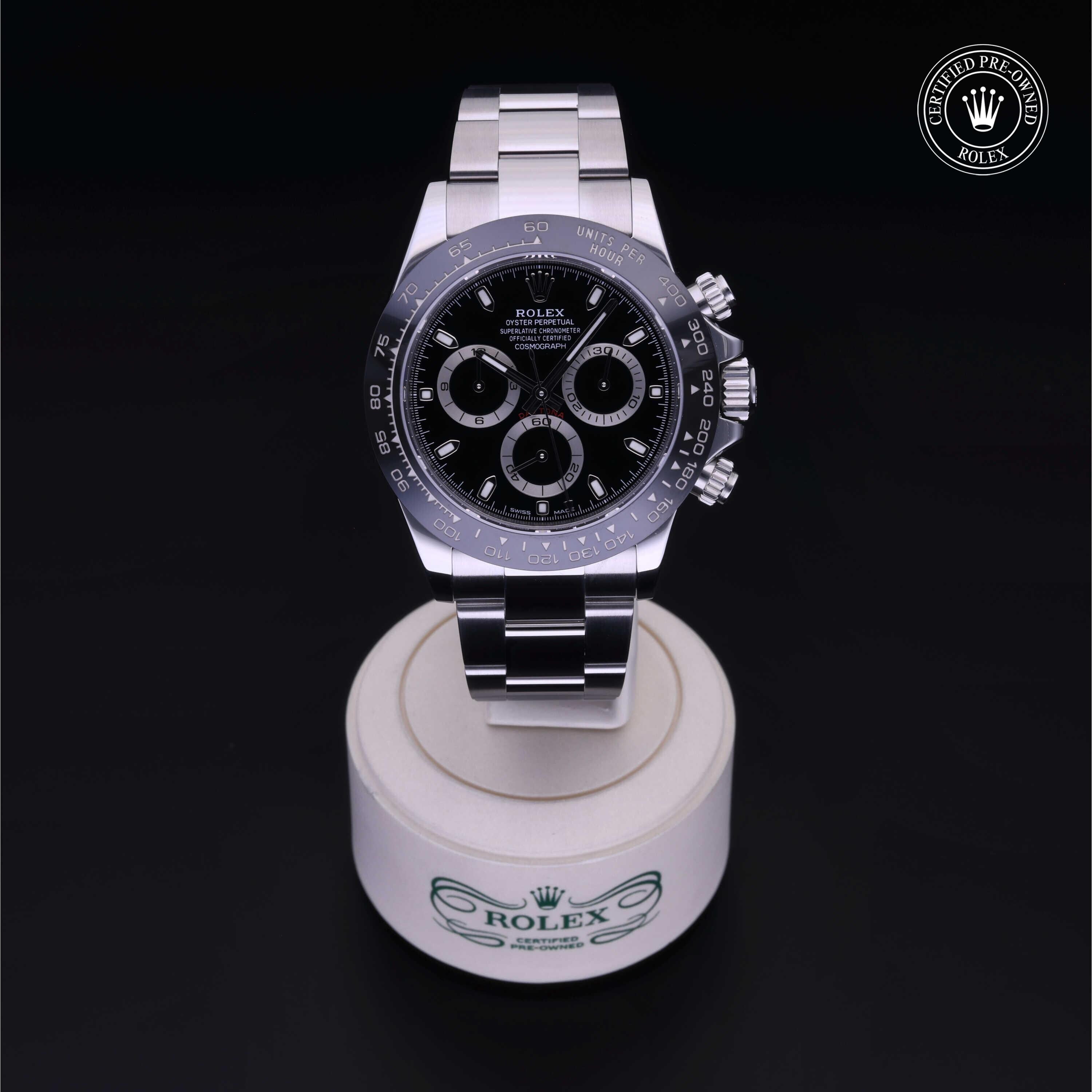 Rolex Certified Pre-owned Daytona M116500LN-0002 front on black background