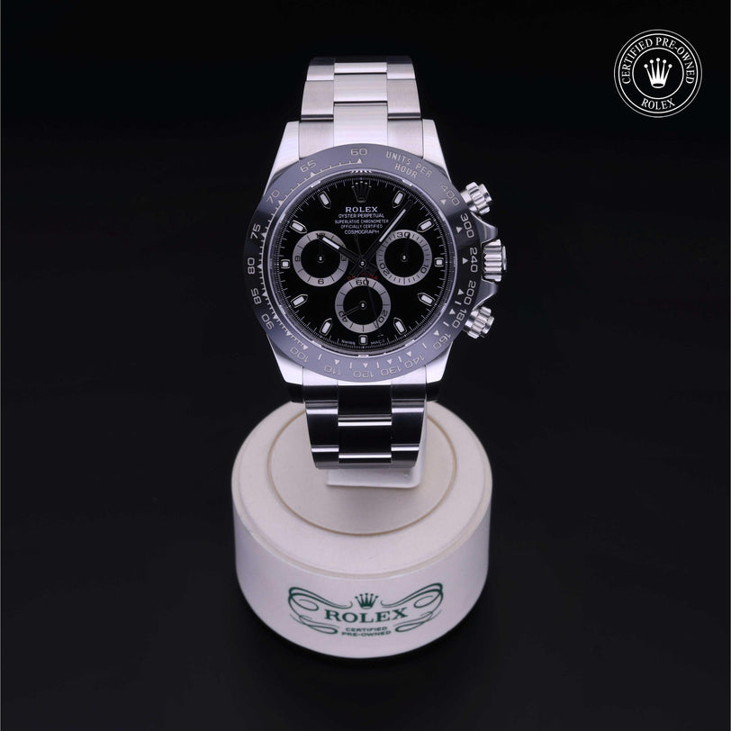 Rolex Certified Pre-owned Daytona M116500LN-0002 front on black background