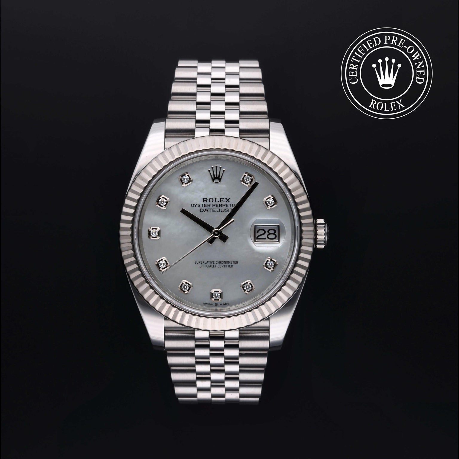 Rolex Certified Pre-owned Datejust M126334-0020 front on black background