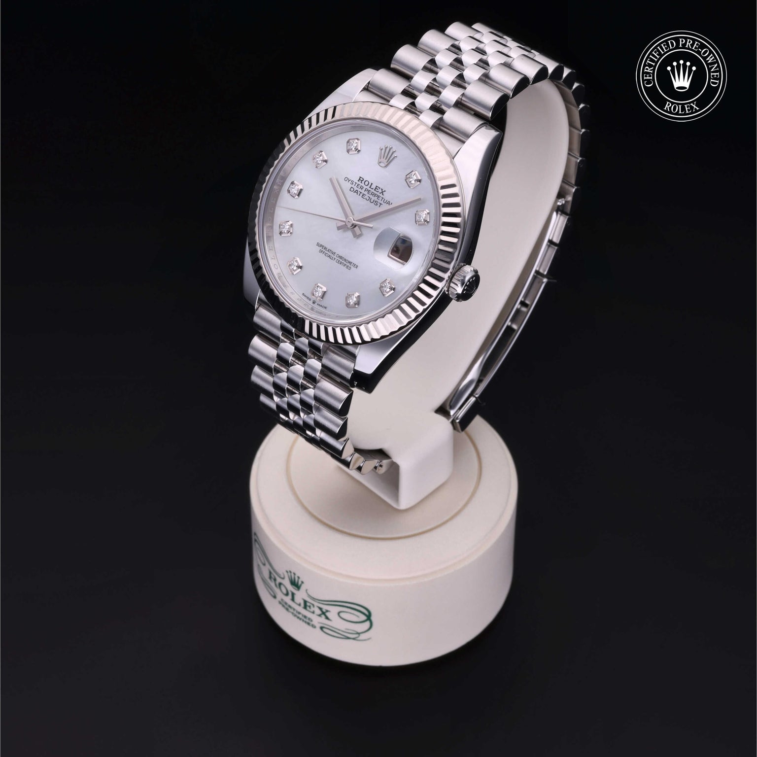 Rolex Certified Pre-owned Datejust M126334-0020 front on black background