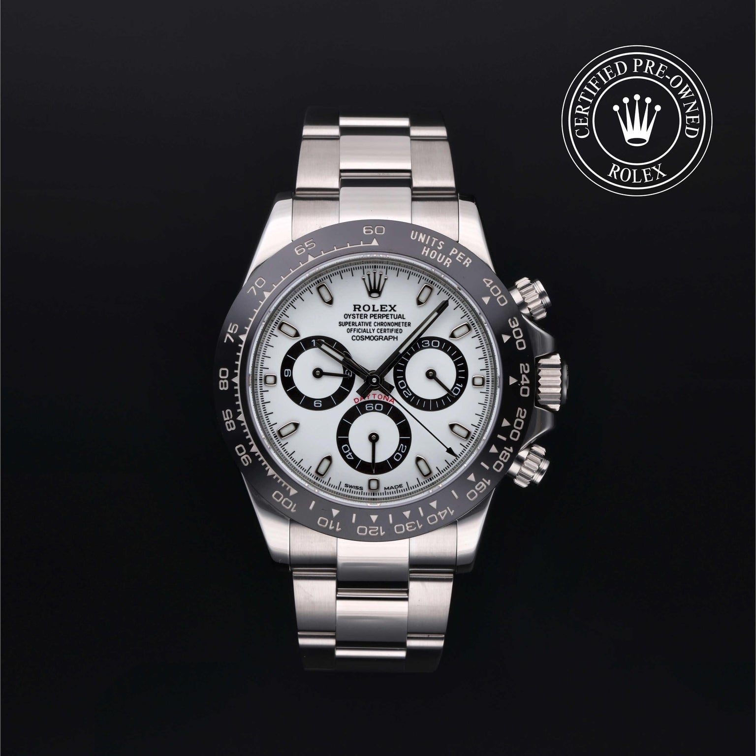 Rolex Certified Pre-owned Daytona M116500LN-0001 front on black background