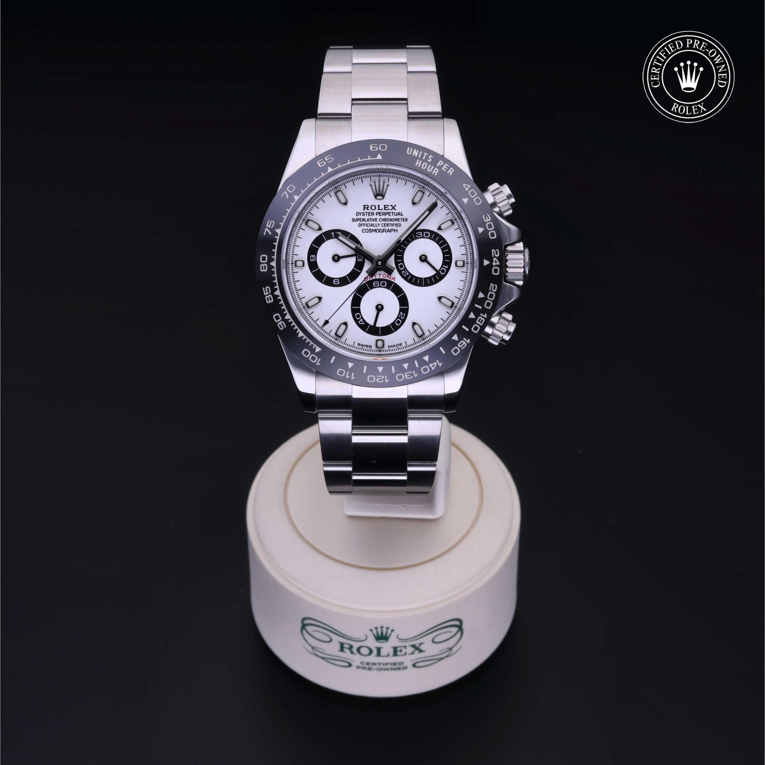 Rolex Certified Pre-owned Daytona M116500LN-0001 front on black background