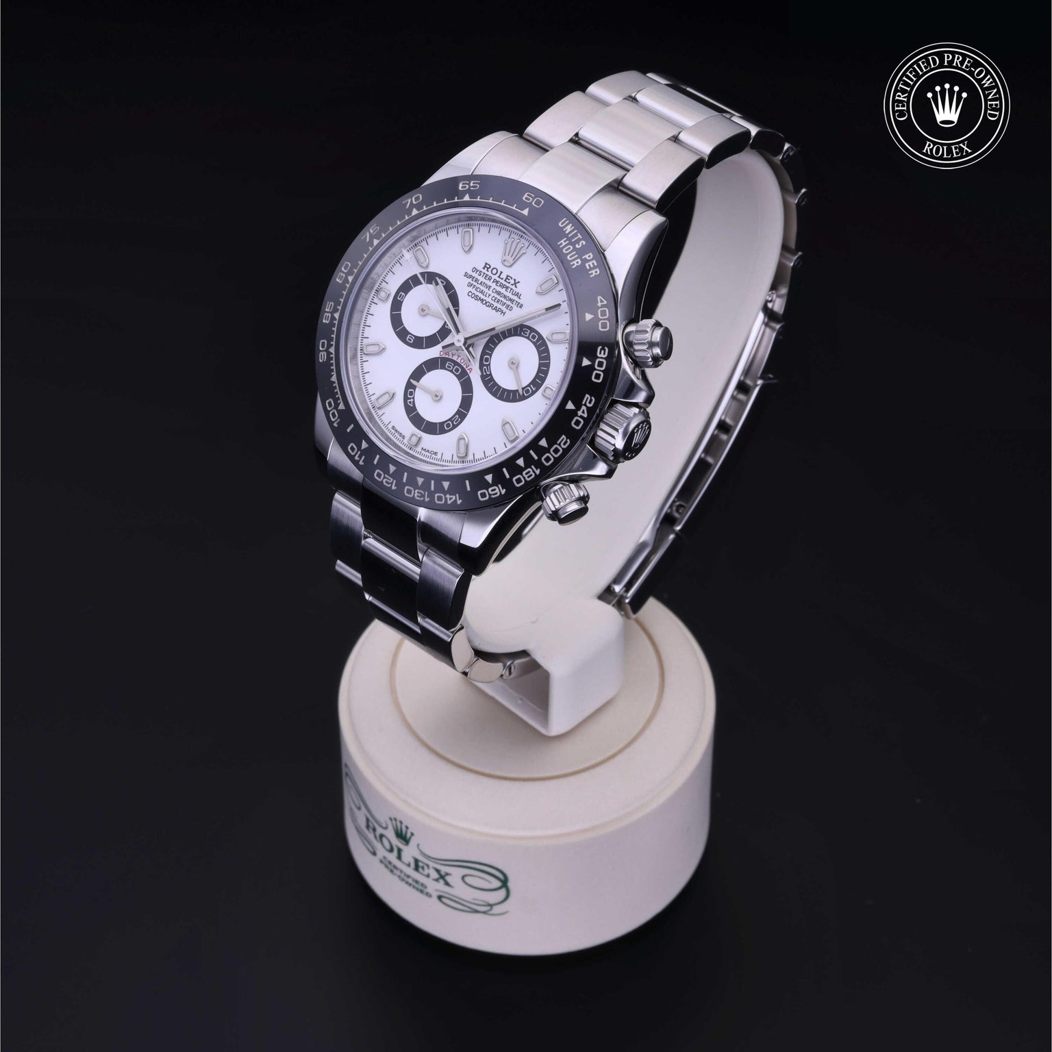 Rolex Certified Pre-owned Daytona M116500LN-0001 front on black background