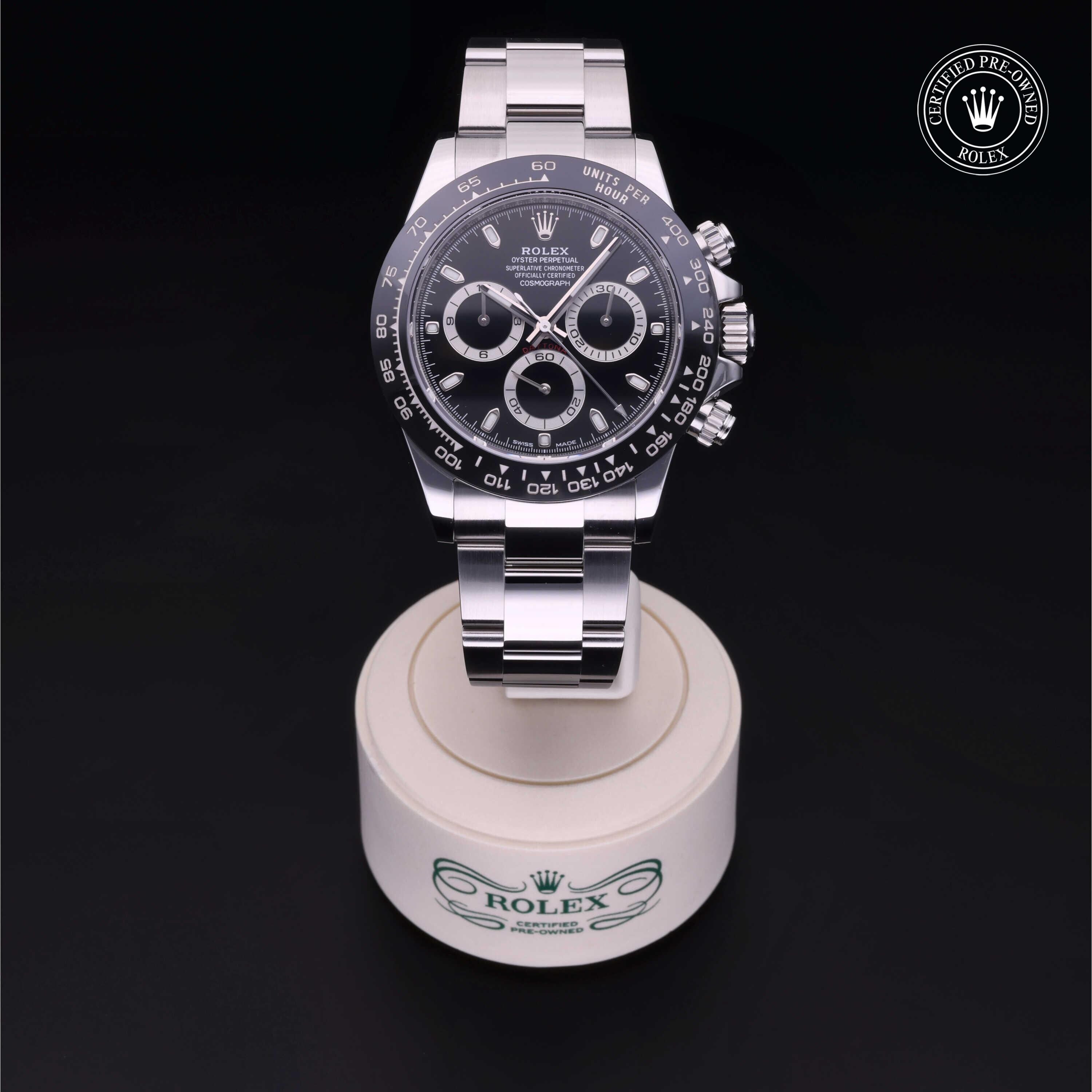 Rolex Certified Pre-owned Daytona M116500LN-0002 front on black background