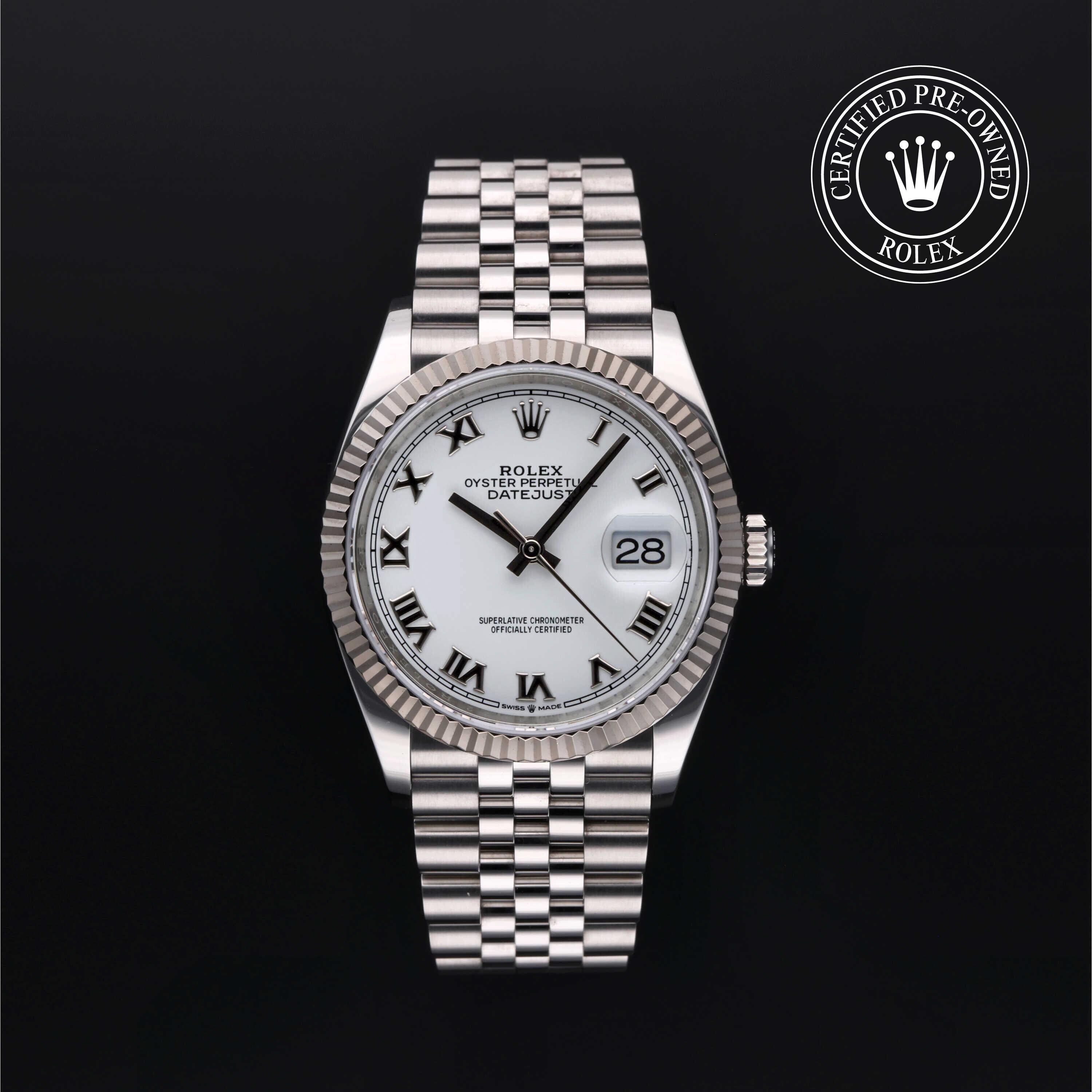 Rolex Certified Pre-owned Datejust M126234-0025 front on black background