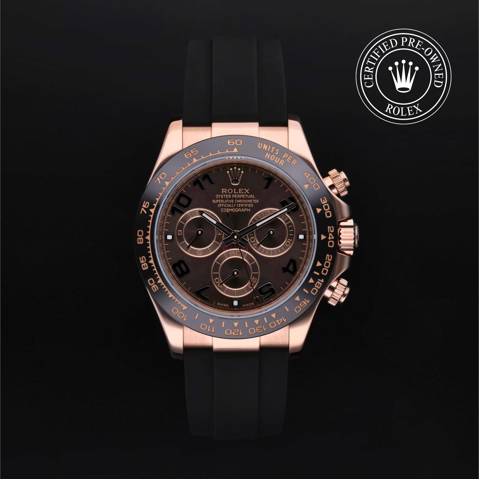 Rolex Certified Pre-owned Daytona M116515LN-0015 front on black background