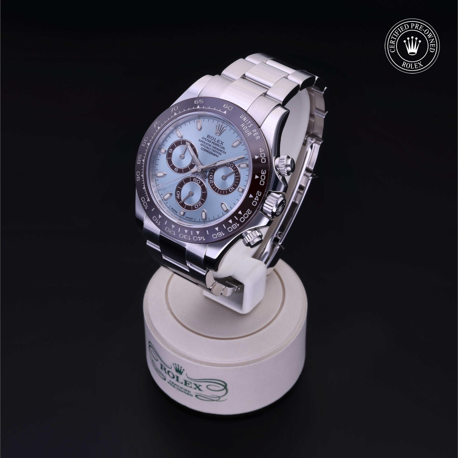 Rolex Certified Pre-owned Daytona M116506-0001 front on black background