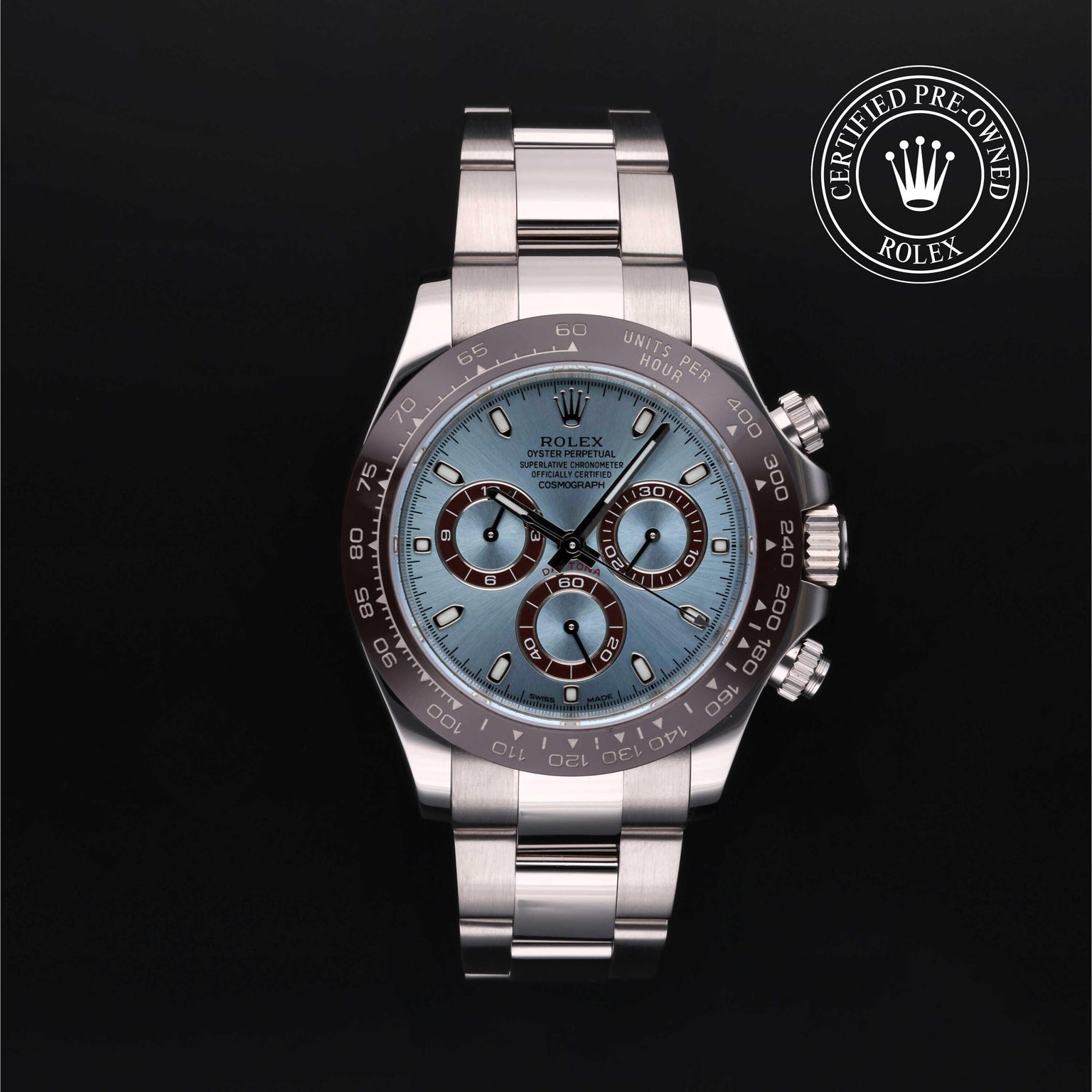 Rolex Certified Pre-owned Daytona M116506-0001 front on black background