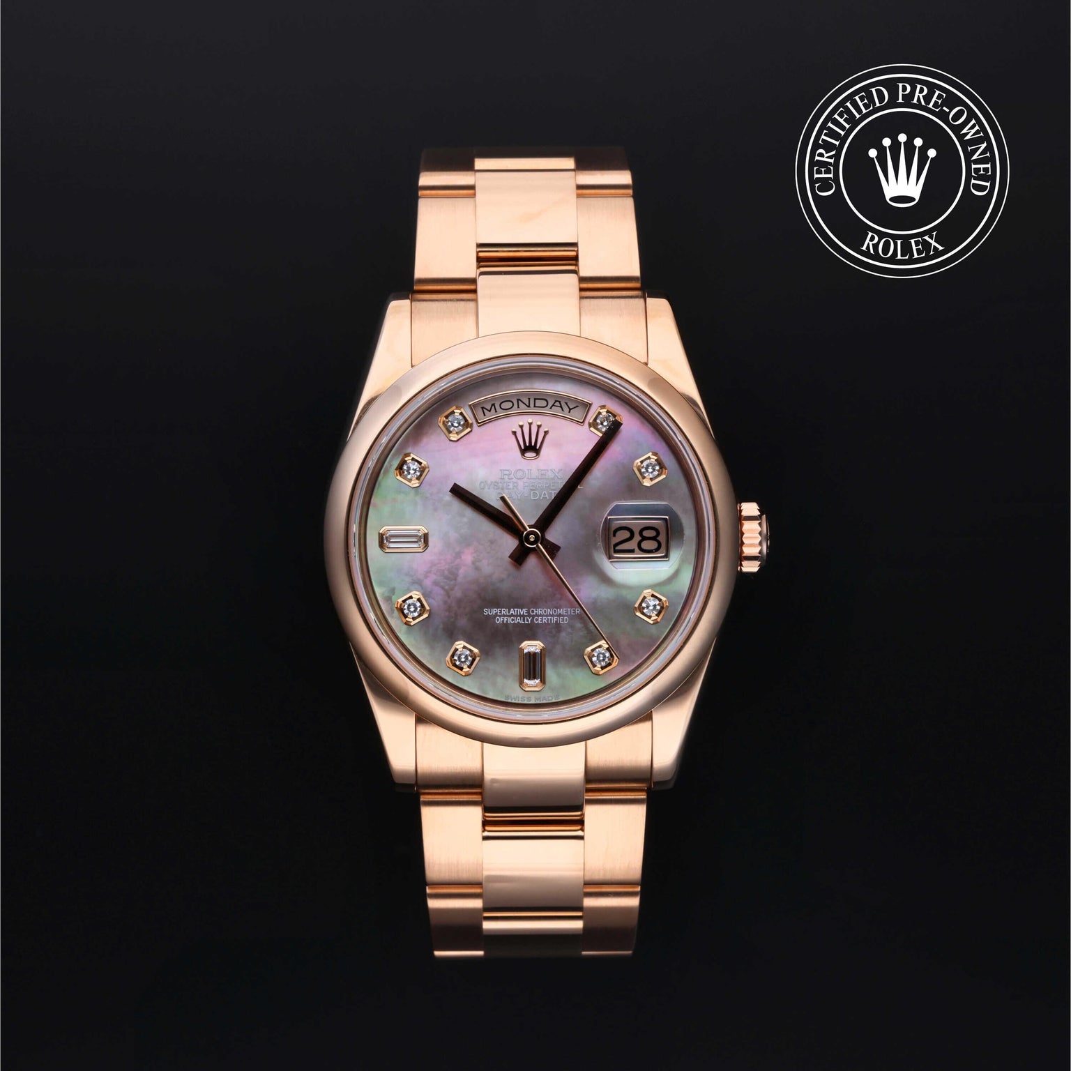 Rolex Certified Pre-owned Day-date M118205-0046 front on black background