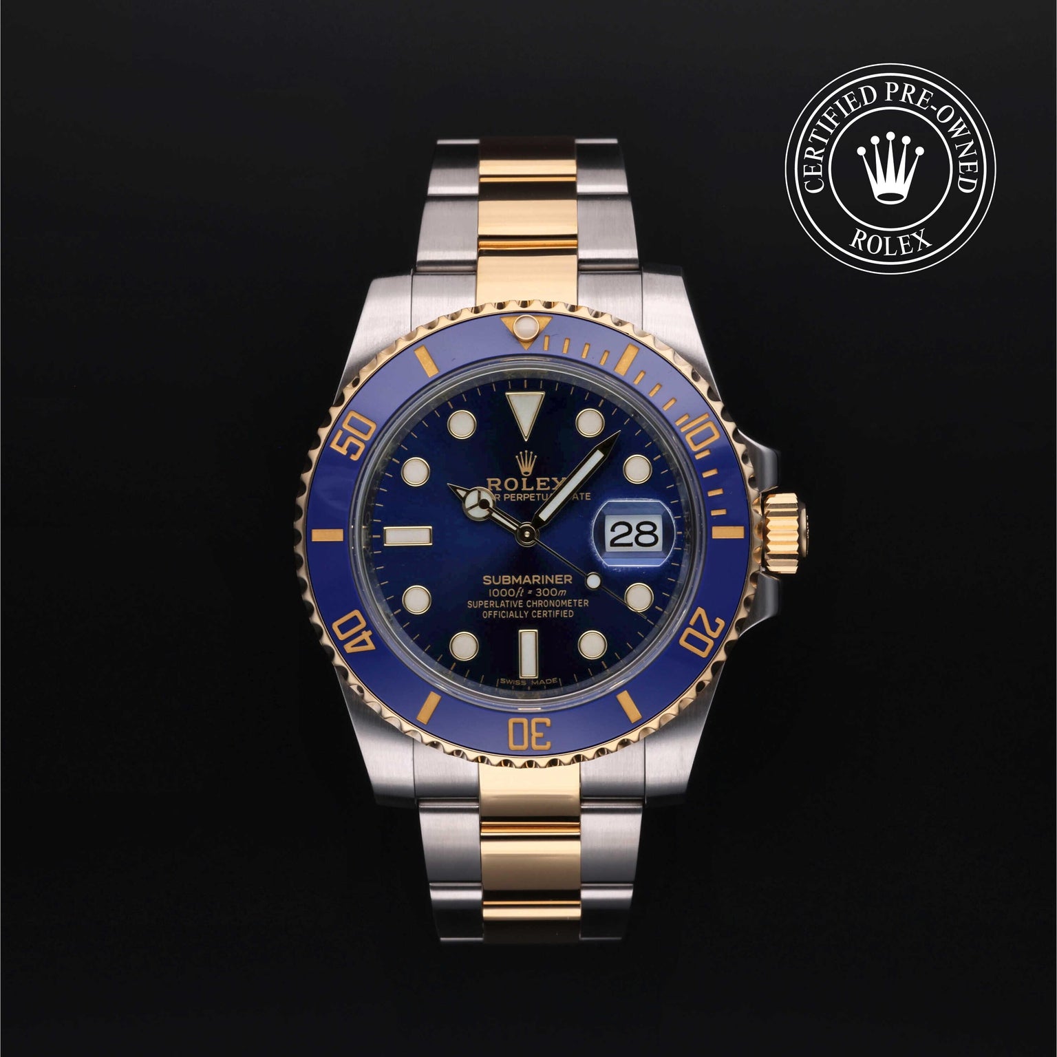 Rolex Certified Pre-owned Submariner M116613LB-0005 front on black background