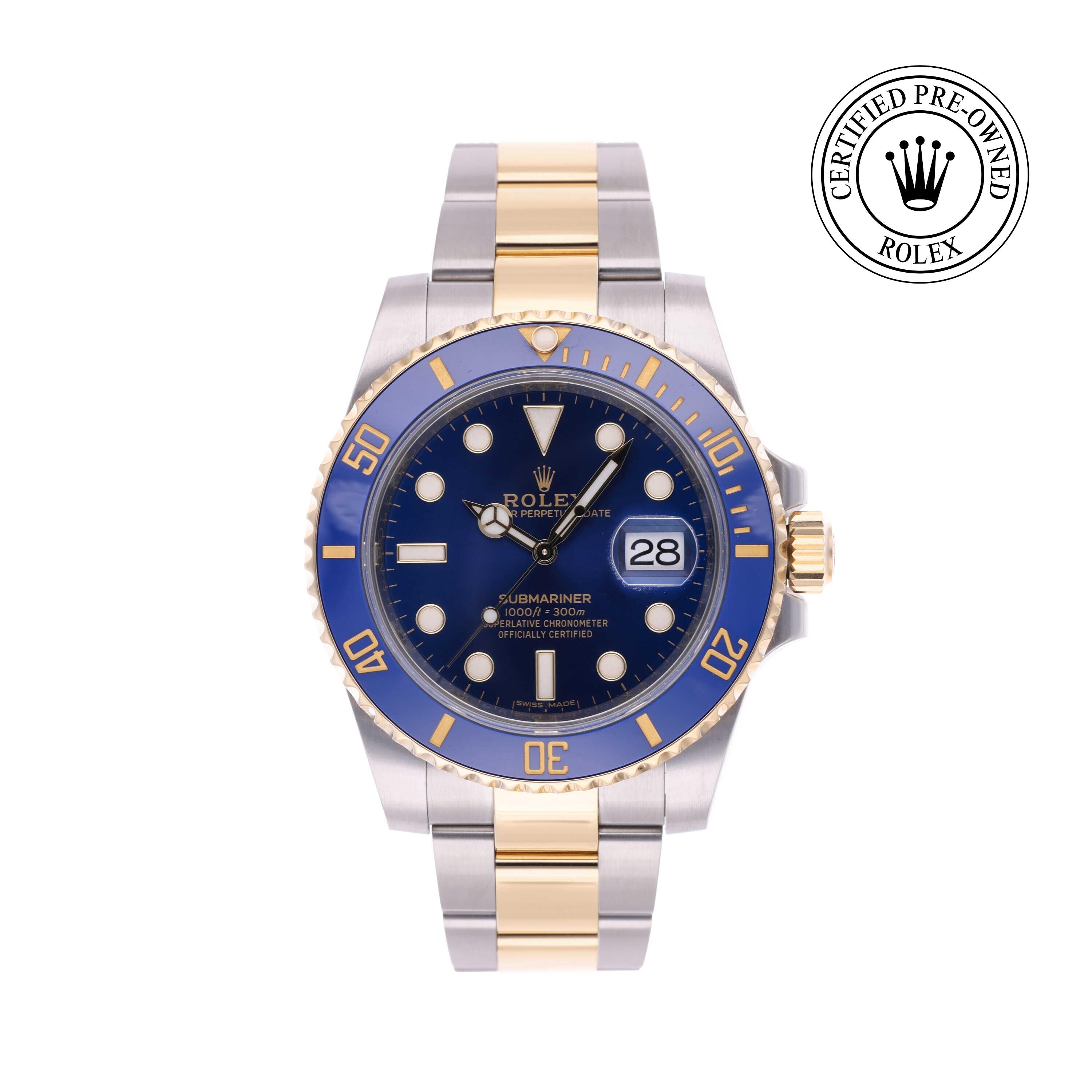 Rolex Certified Pre-owned Submariner M116613LB-0005 front on white background