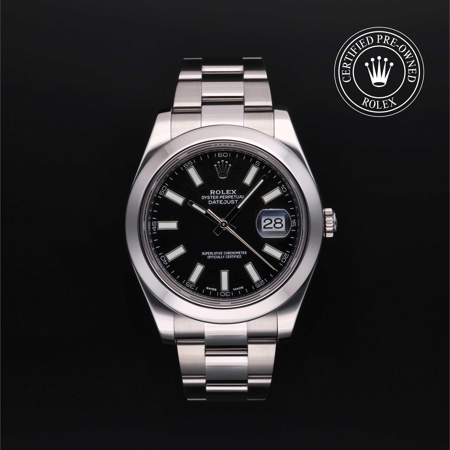 Rolex Certified Pre-owned Datejust M116300-0001 front on black background