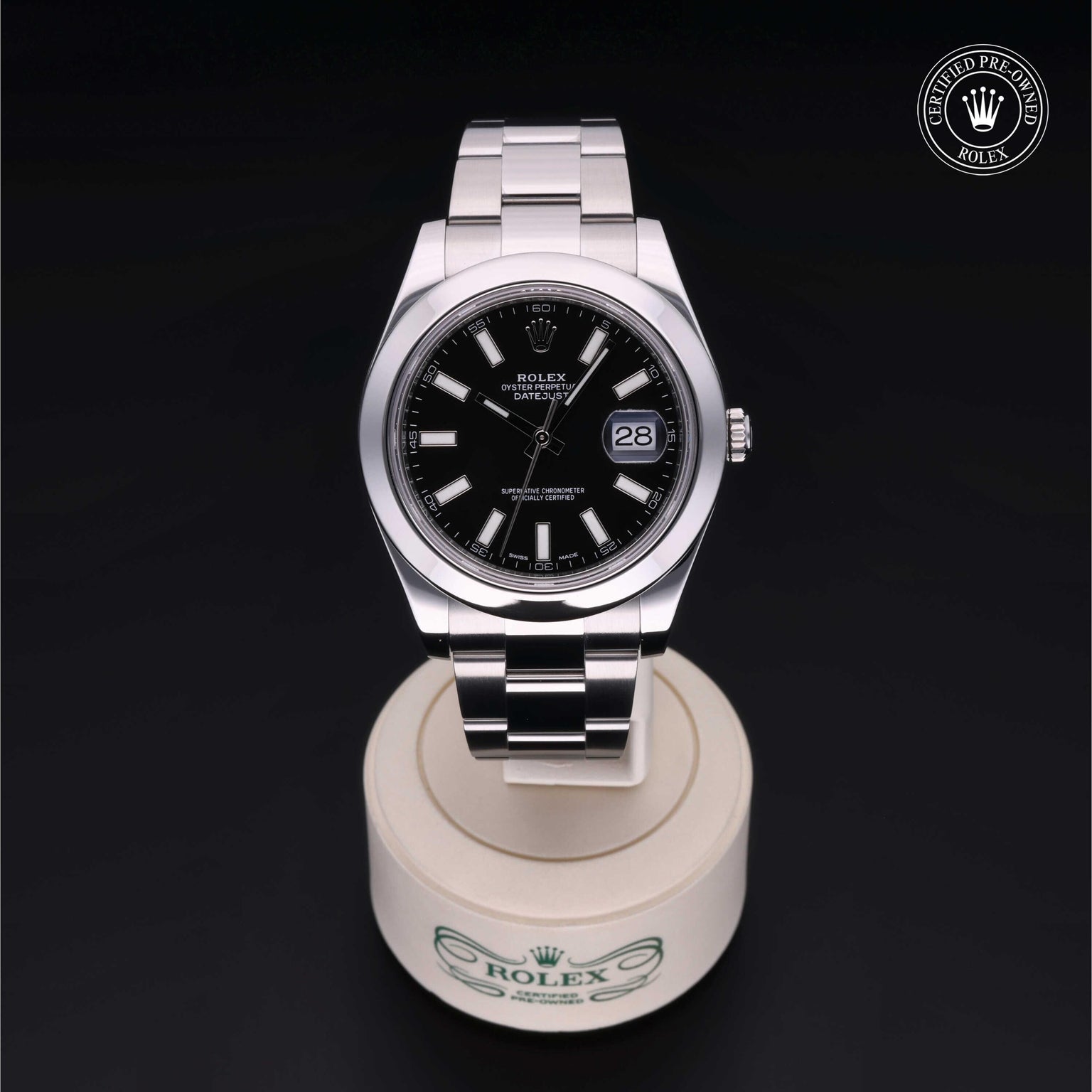 Rolex Certified Pre-owned Datejust M116300-0001 front on black background