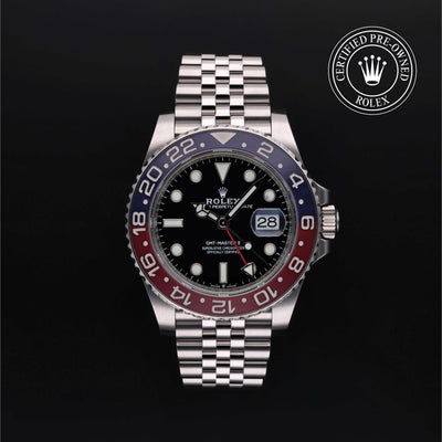 Rolex Certified Pre-owned GMT M126710BLRO-0001 front on black background