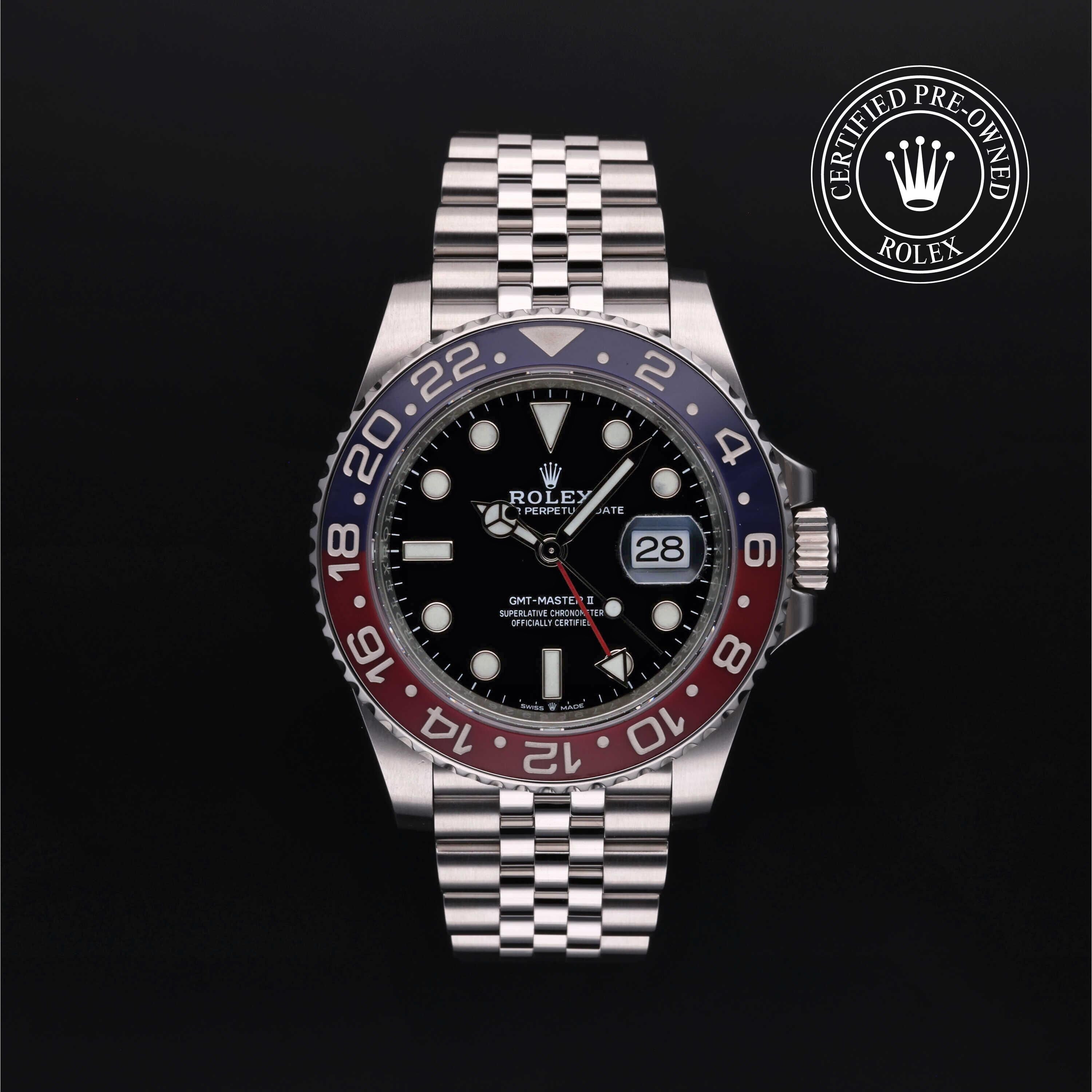 Rolex Certified Pre-owned GMT M126710BLRO-0001 front on black background