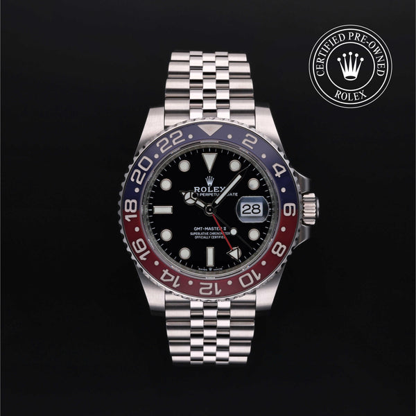 Rolex Certified Pre-owned GMT M126710BLRO-0001 front on black background