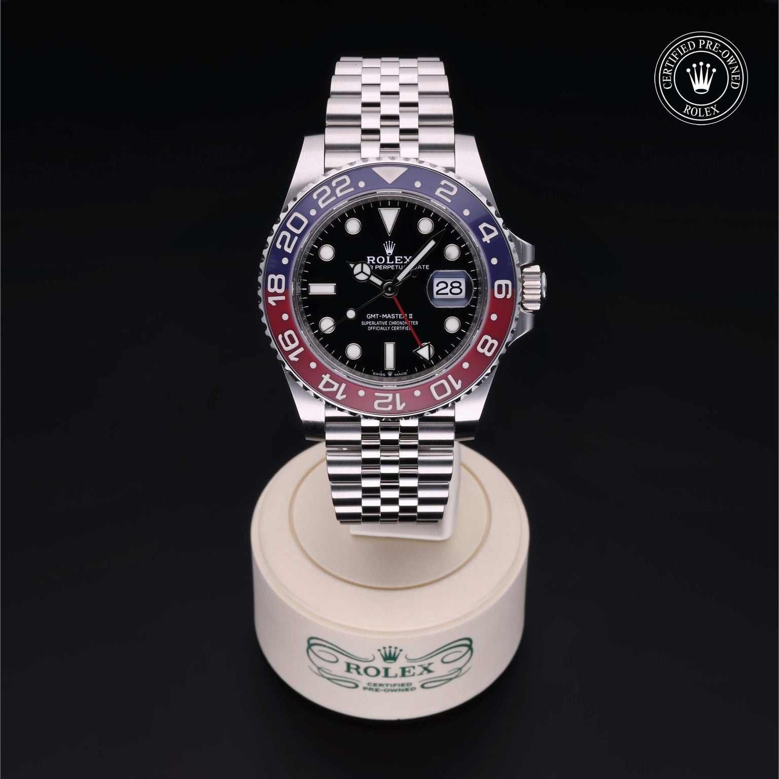 Rolex Certified Pre-owned GMT M126710BLRO-0001 front on black background