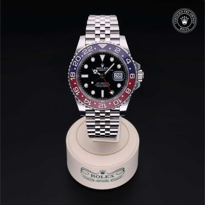 Rolex Certified Pre-owned GMT M126710BLRO-0001 front on black background