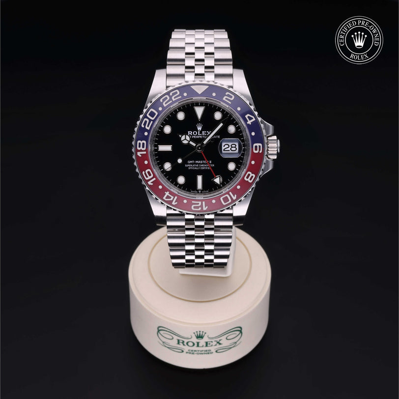 Rolex Certified Pre-owned GMT M126710BLRO-0001 front on black background