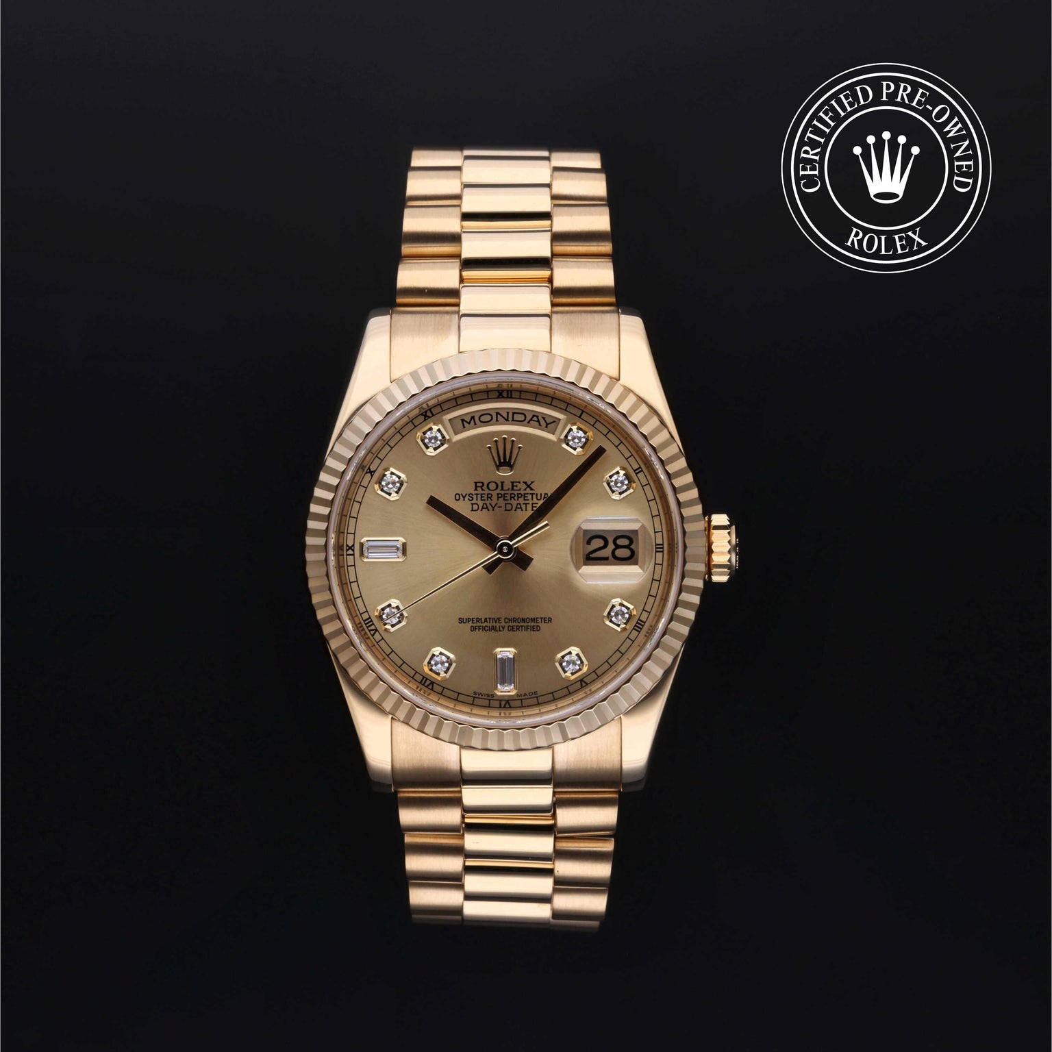 Rolex Certified Pre-owned Day-date M118238-0116 front on black background