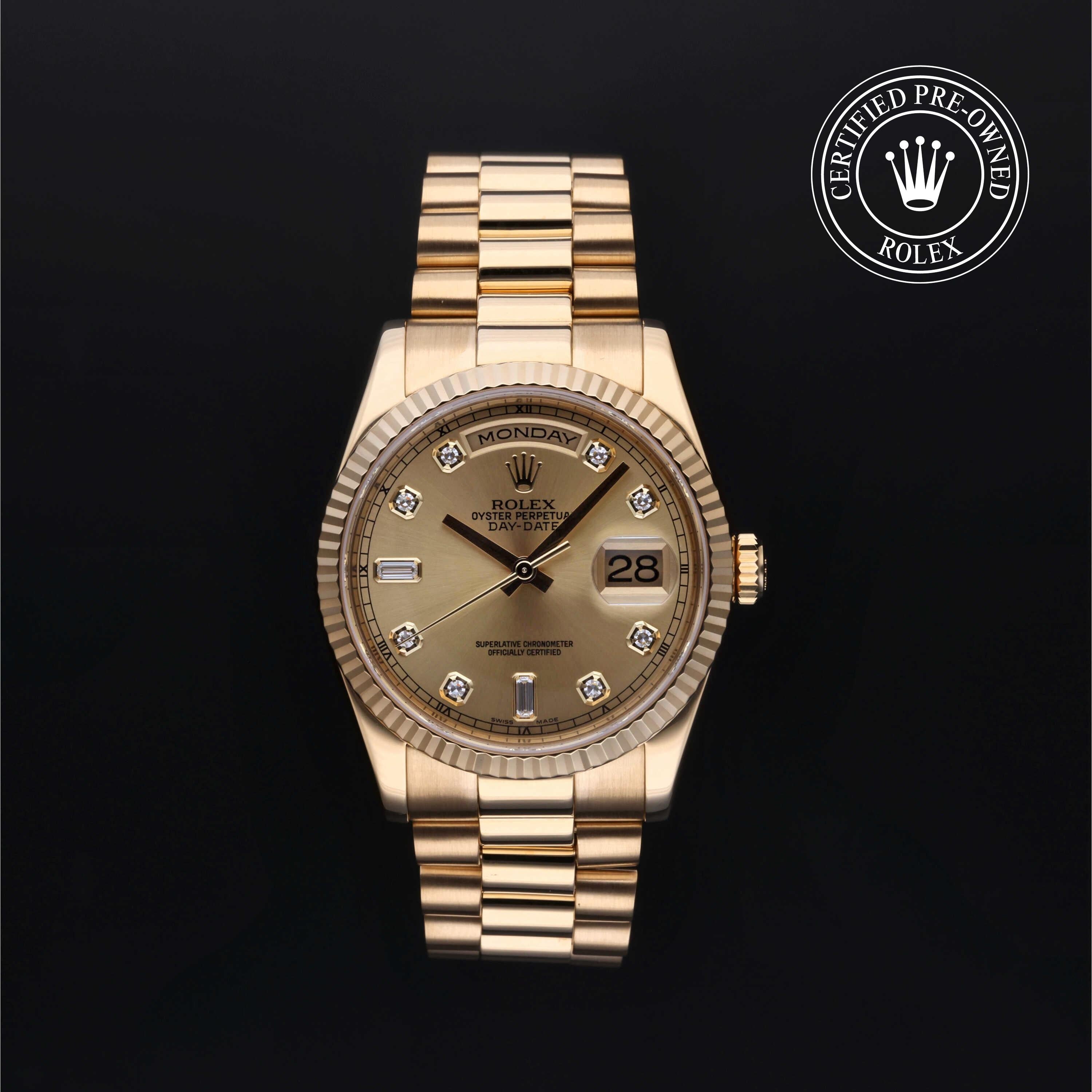 Rolex Certified Pre-owned Day-date M118238-0116 front on black background