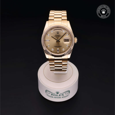 Rolex Certified Pre-owned Day-date M118238-0116 front on black background