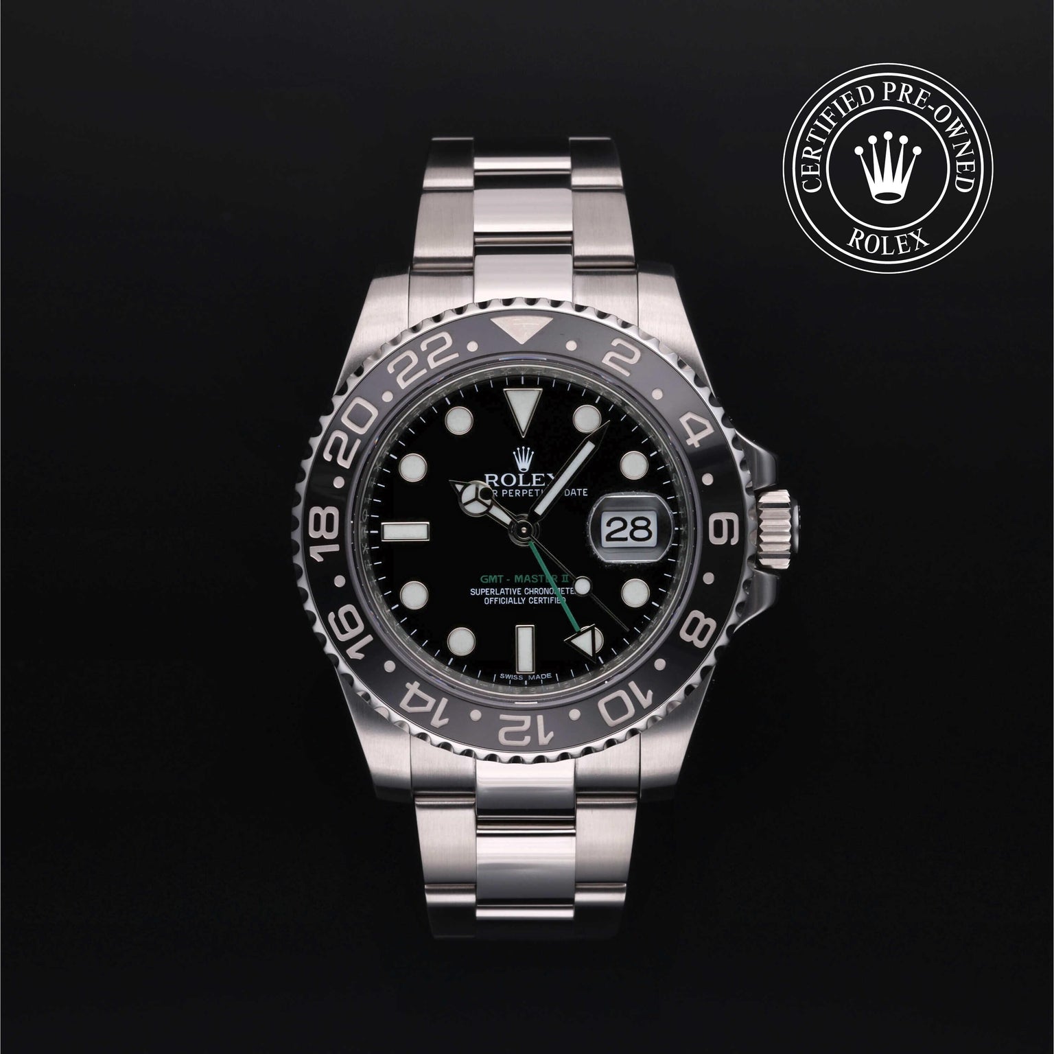 Rolex Certified Pre-owned GMT M116710LN-0001 front on black background
