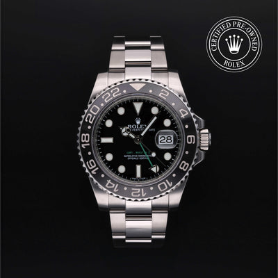 Rolex Certified Pre-owned GMT M116710LN-0001 front on black background