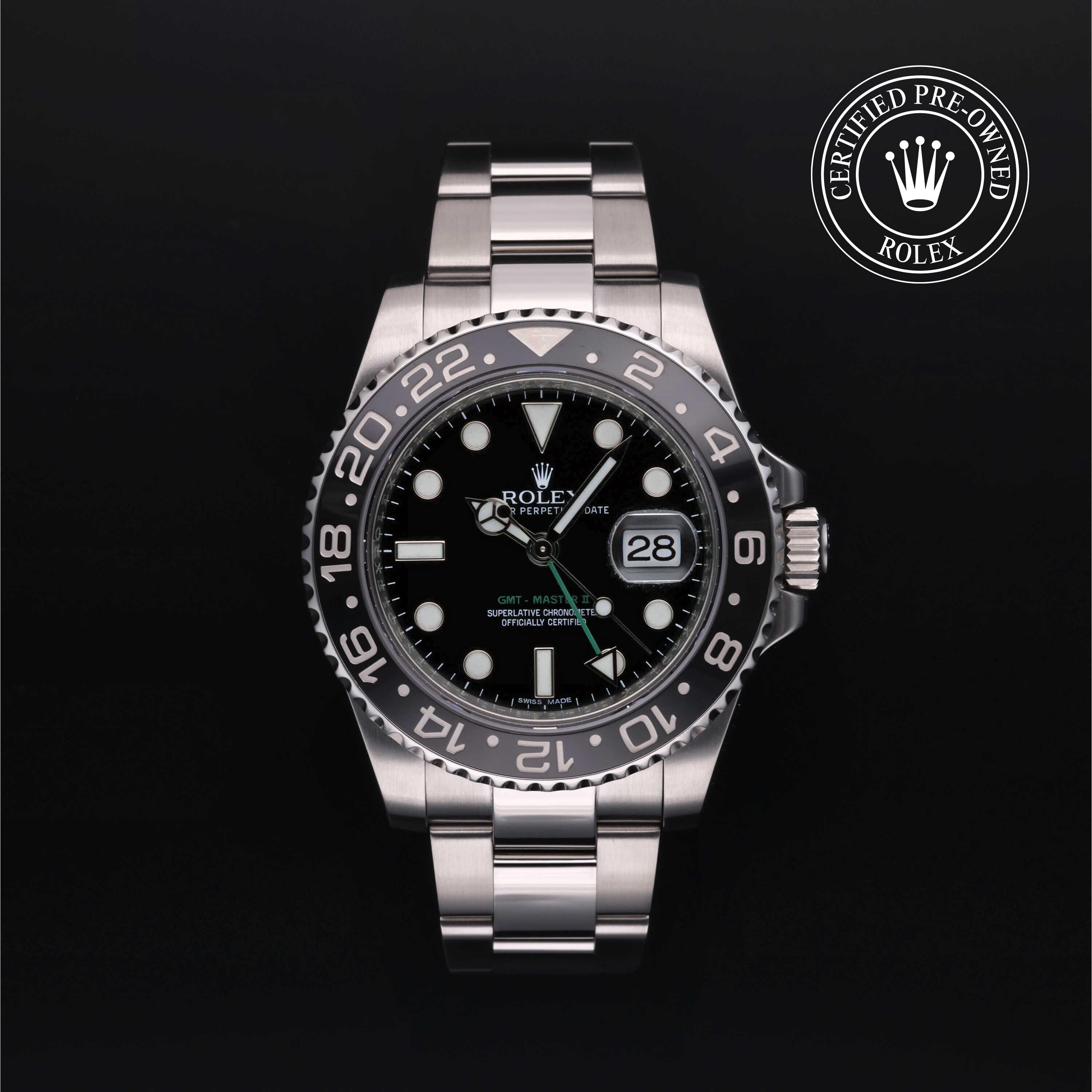 Rolex Certified Pre-owned GMT M116710LN-0001 front on black background