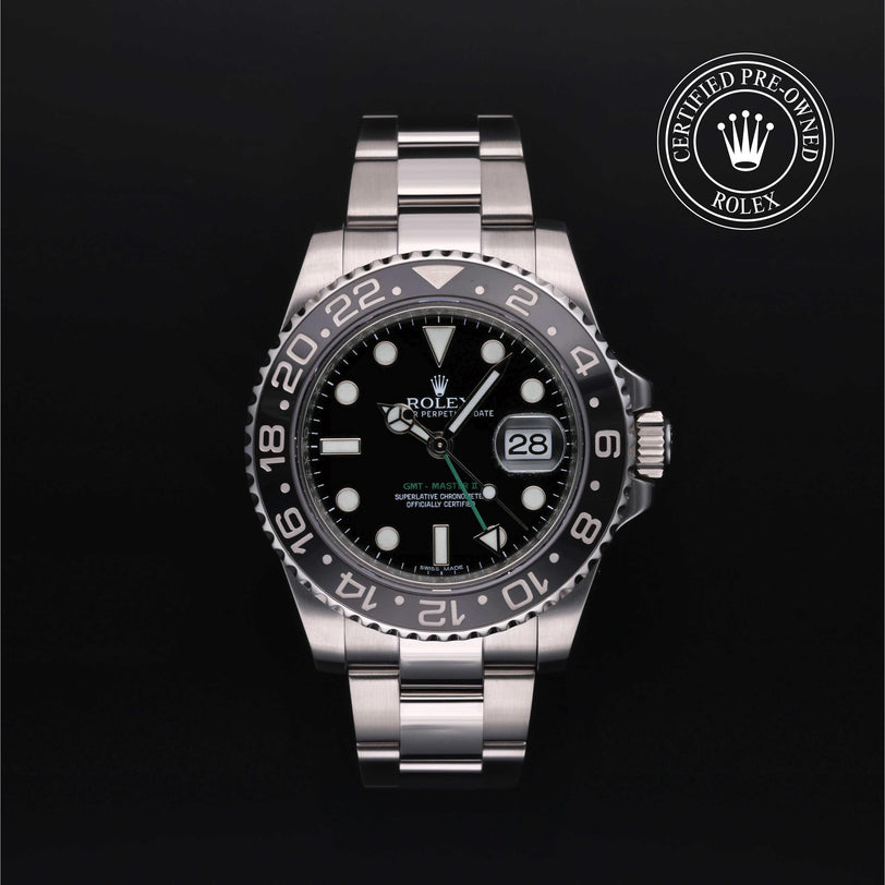Rolex Certified Pre-owned GMT M116710LN-0001 front on black background