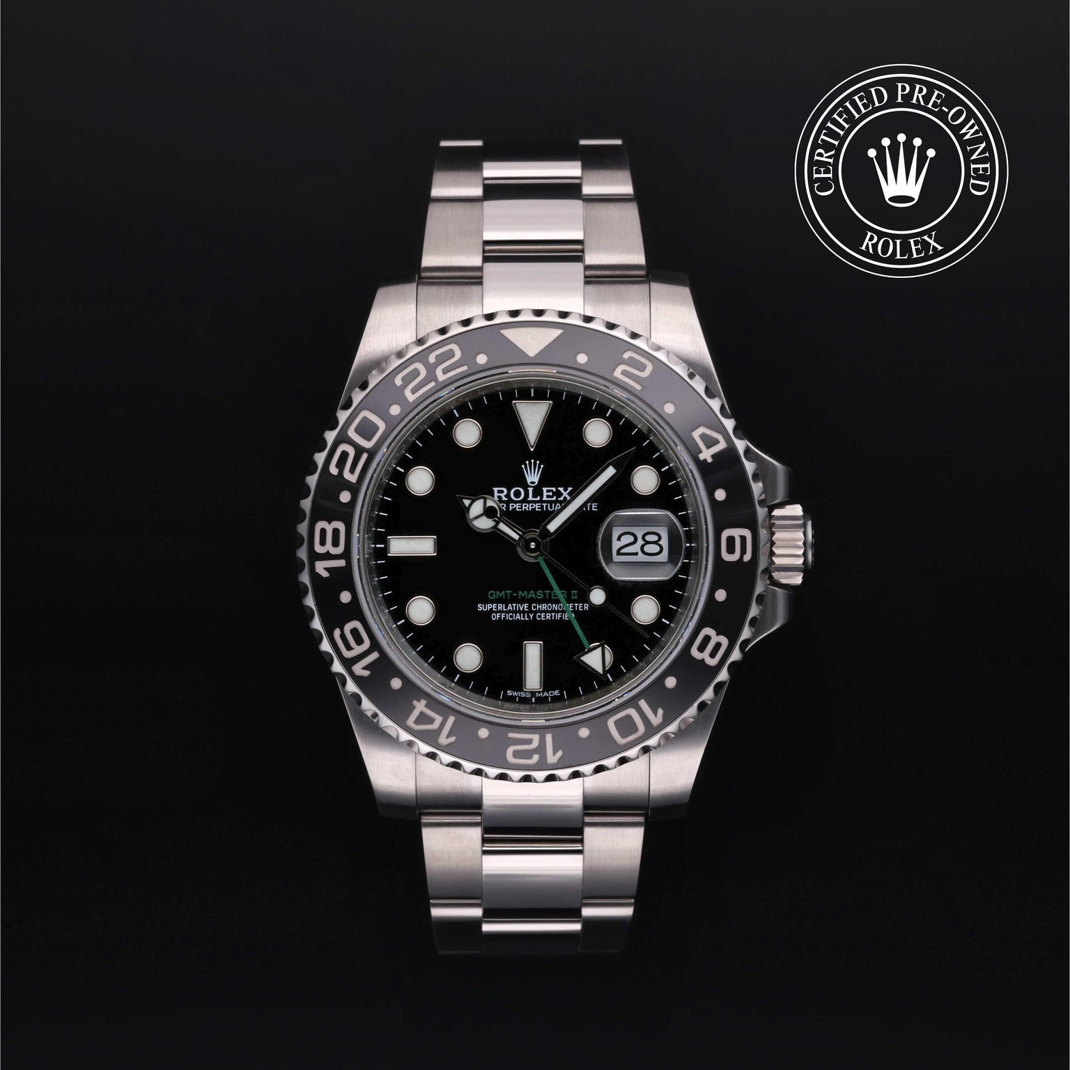 Rolex Certified Pre-owned GMT M116710LN-0001 front on black background