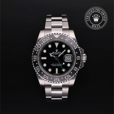 Rolex Certified Pre-owned GMT M116710LN-0001 front on black background