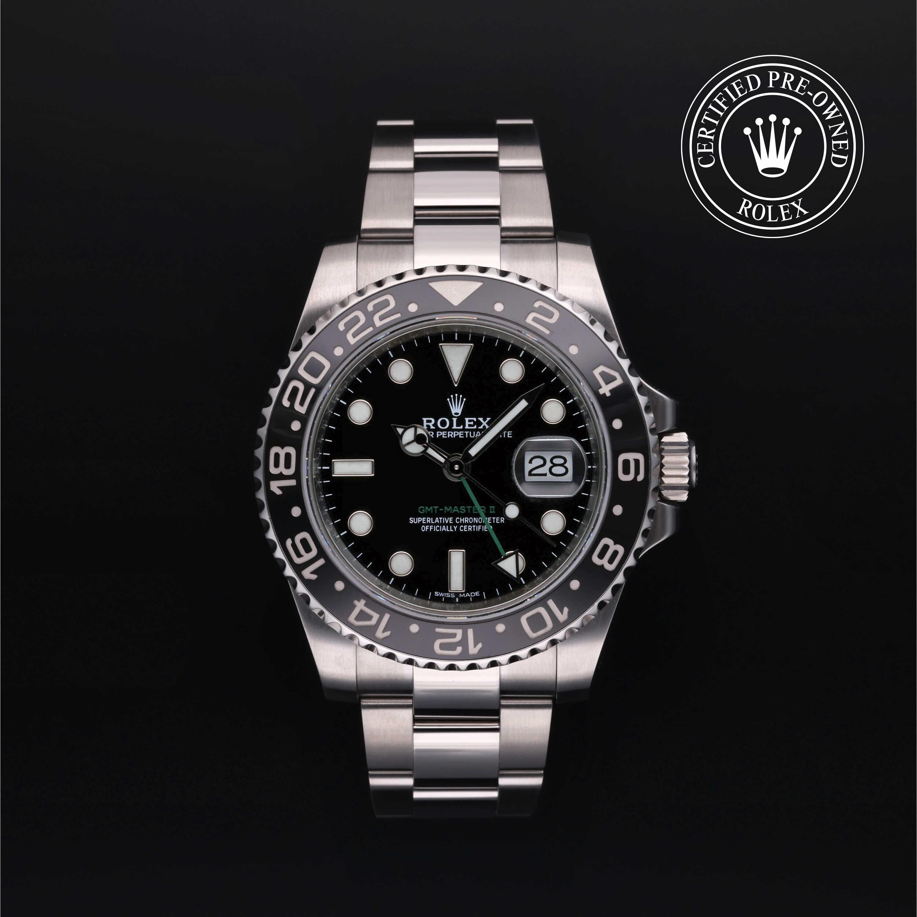 Rolex Certified Pre-owned GMT M116710LN-0001 front on black background