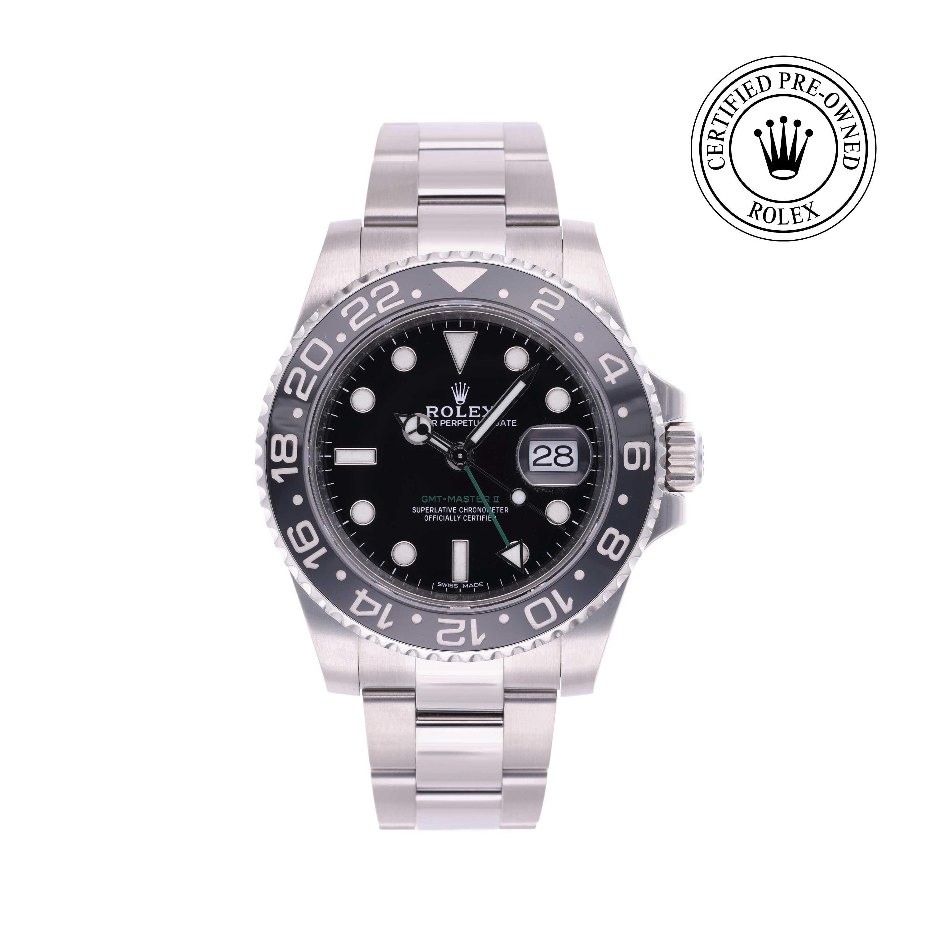 Rolex Certified Pre-owned GMT M116710LN-0001 front on white background