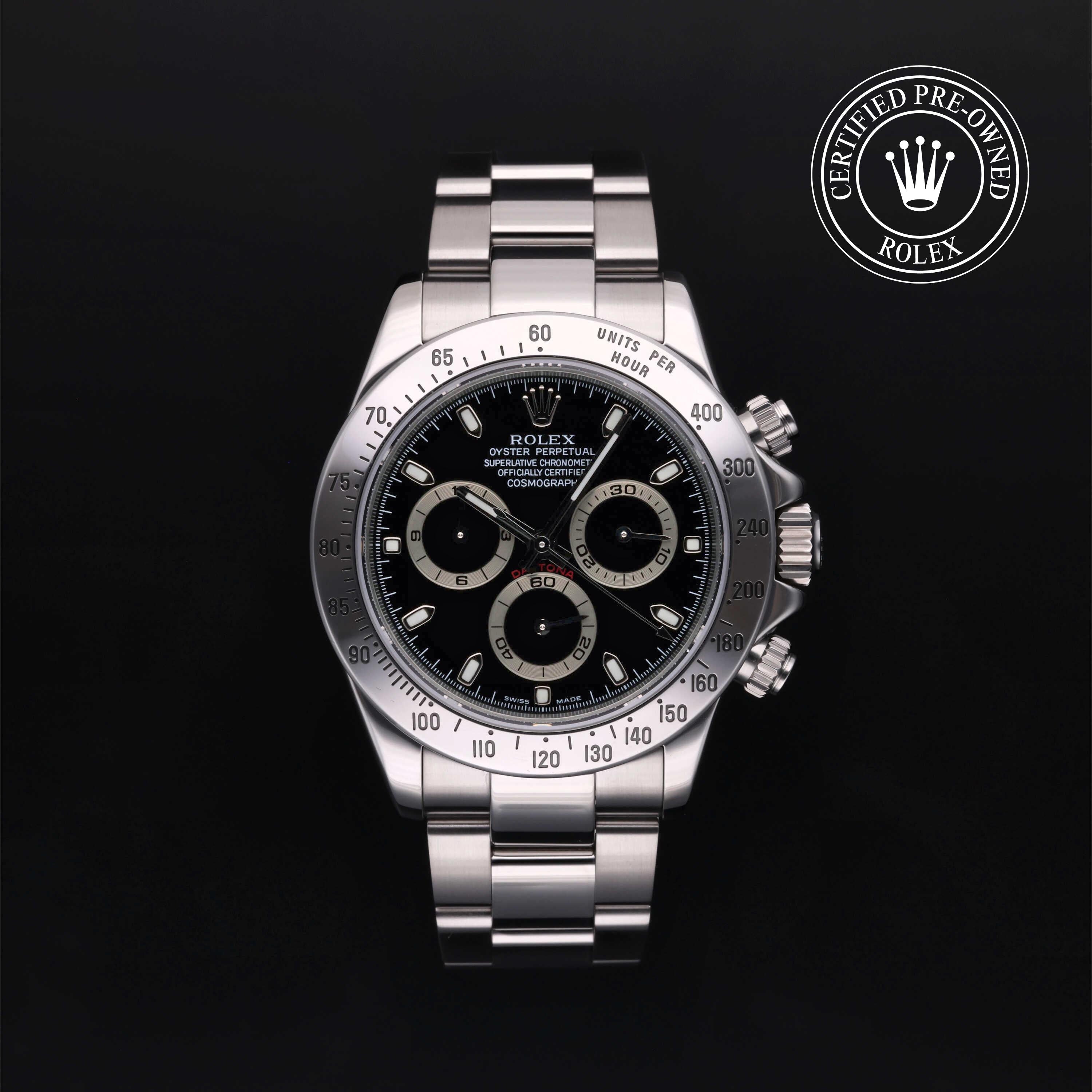 Rolex Certified Pre-owned Daytona M116520-0011 front on black background
