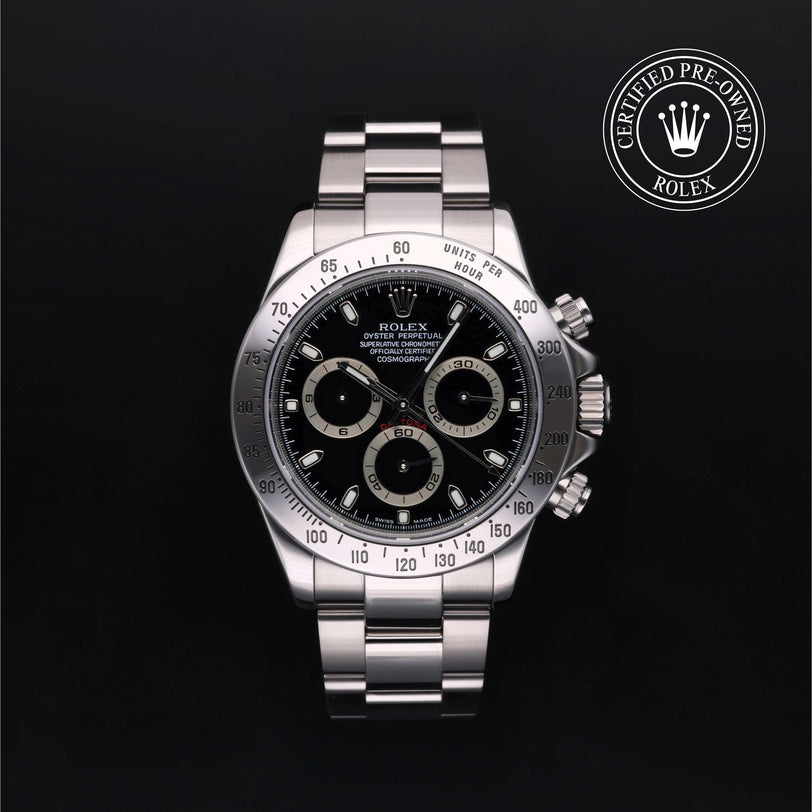 Rolex Certified Pre-owned Daytona M116520-0011 front on black background