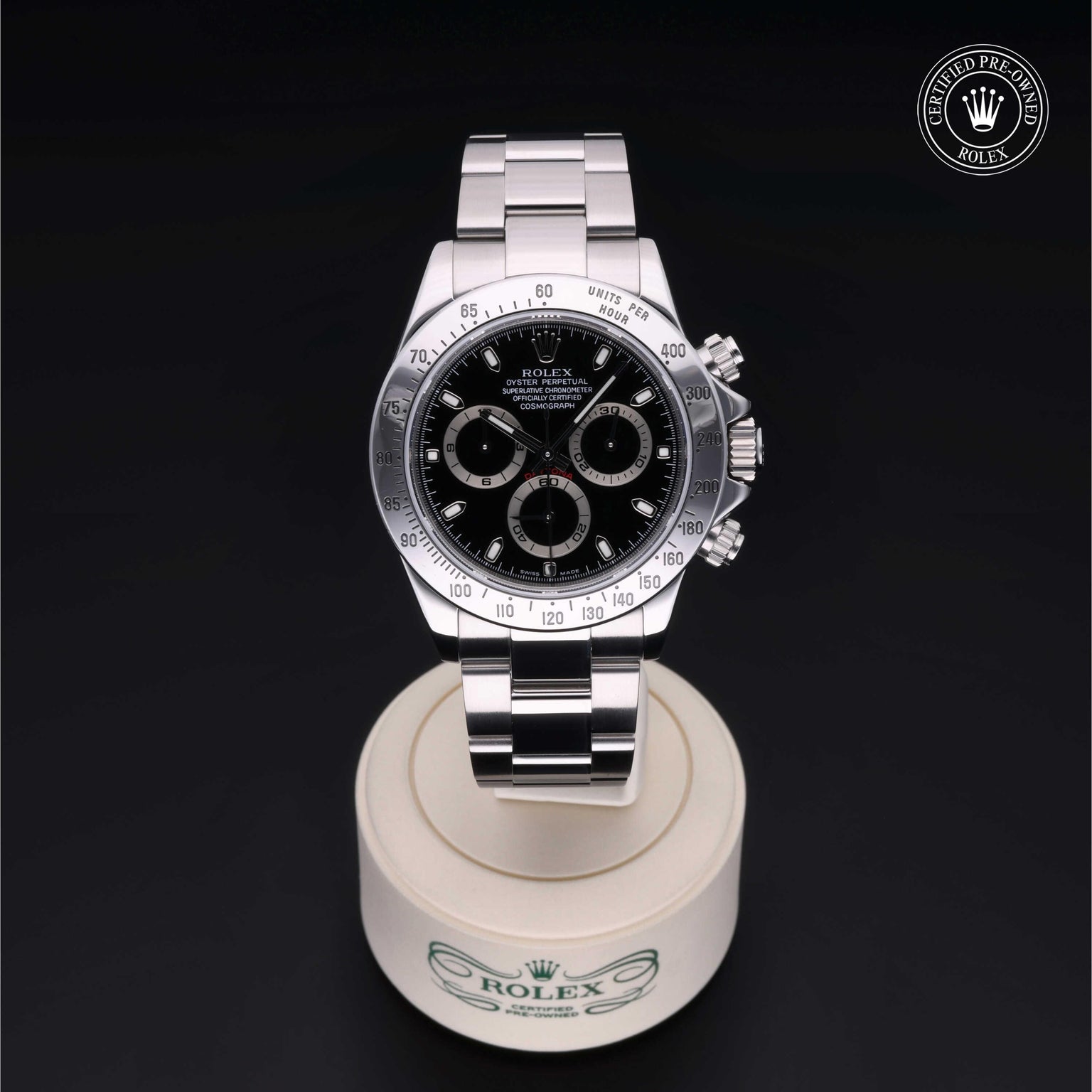 Rolex Certified Pre-owned Daytona M116520-0011 front on black background