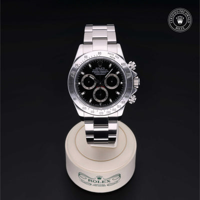Rolex Certified Pre-owned Daytona M116520-0011 front on black background