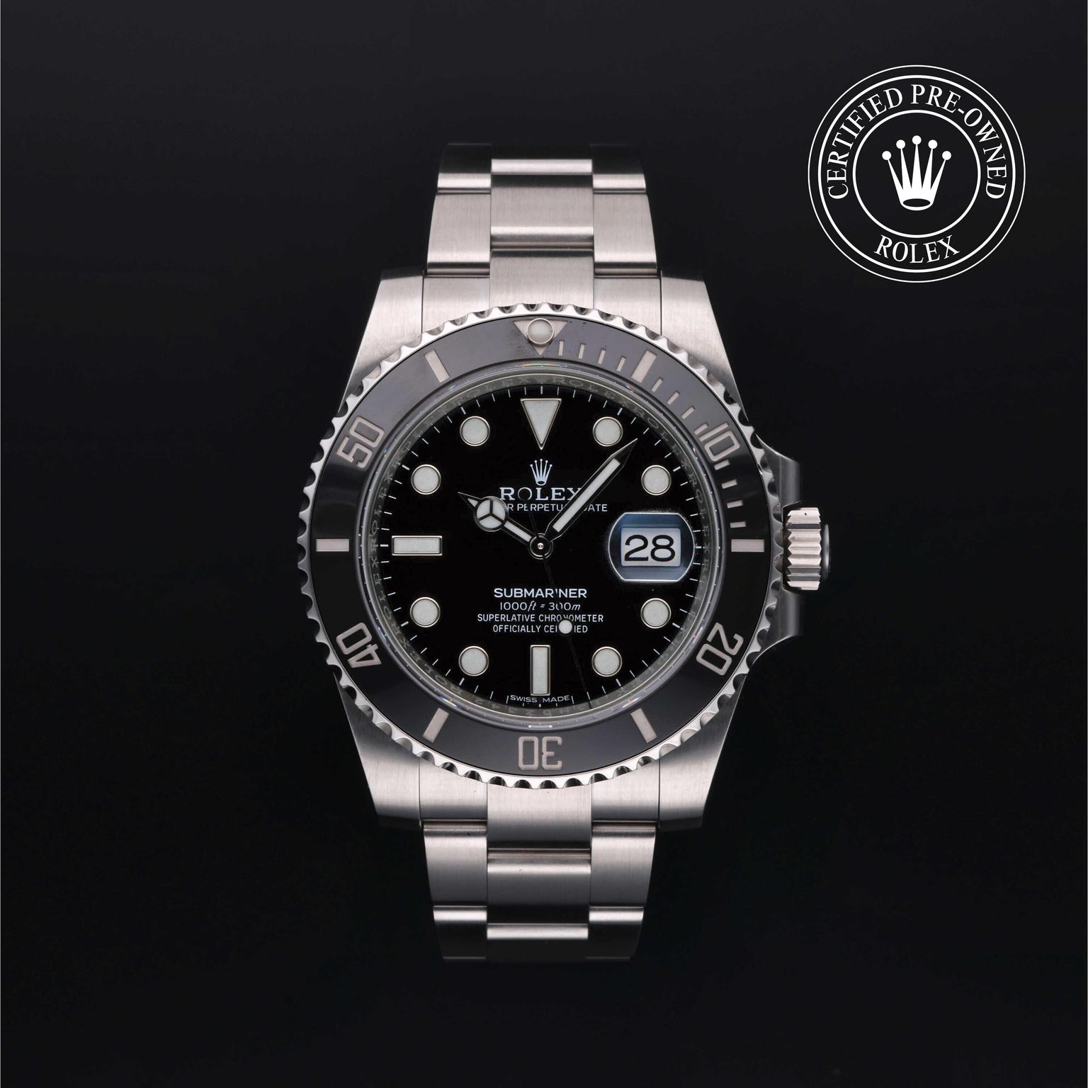 Rolex Certified Pre-owned Submariner M116610LN-0001 front on black background