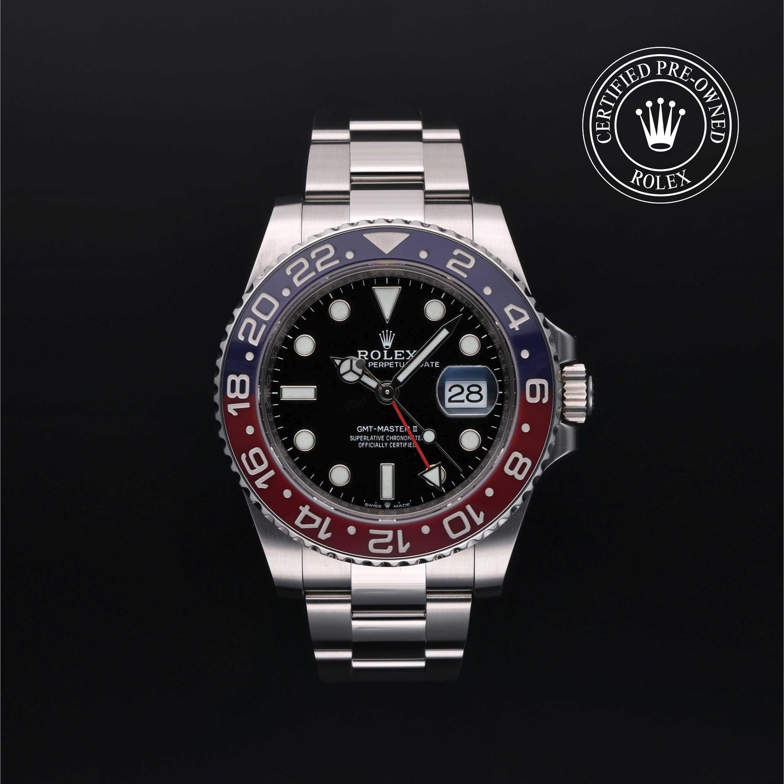 Rolex Certified Pre-owned GMT M126710BLRO-0002 front on black background