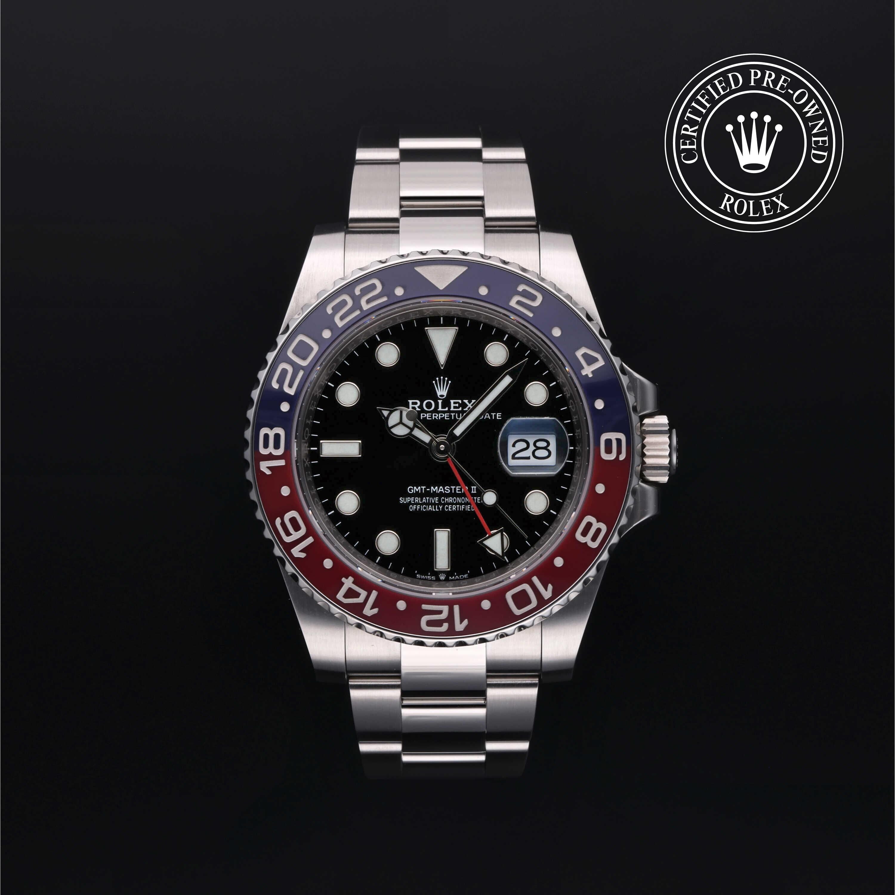 Rolex Certified Pre-owned GMT M126710BLRO-0002 front on black background