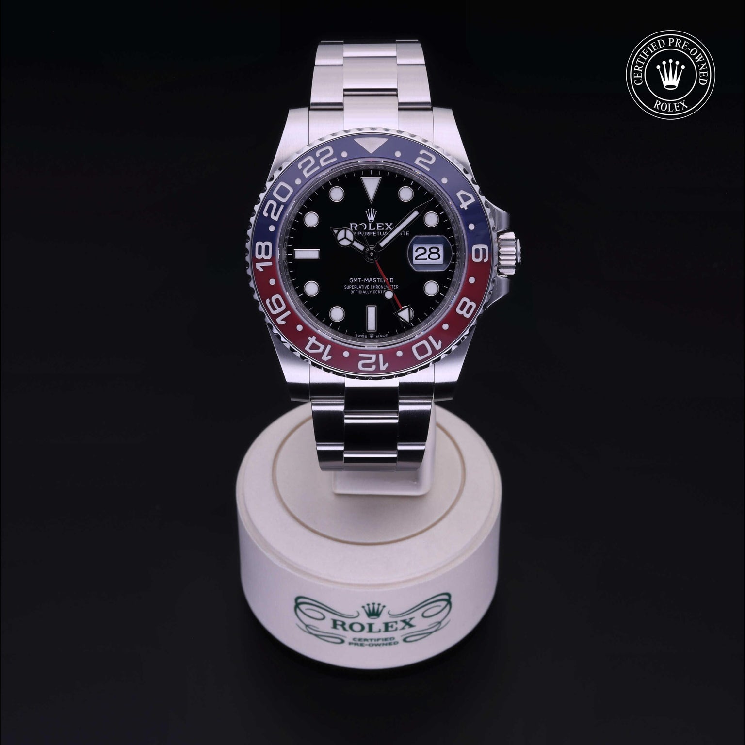 Rolex Certified Pre-owned GMT M126710BLRO-0002 front on black background