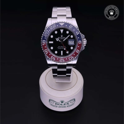 Rolex Certified Pre-owned GMT M126710BLRO-0002 front on black background