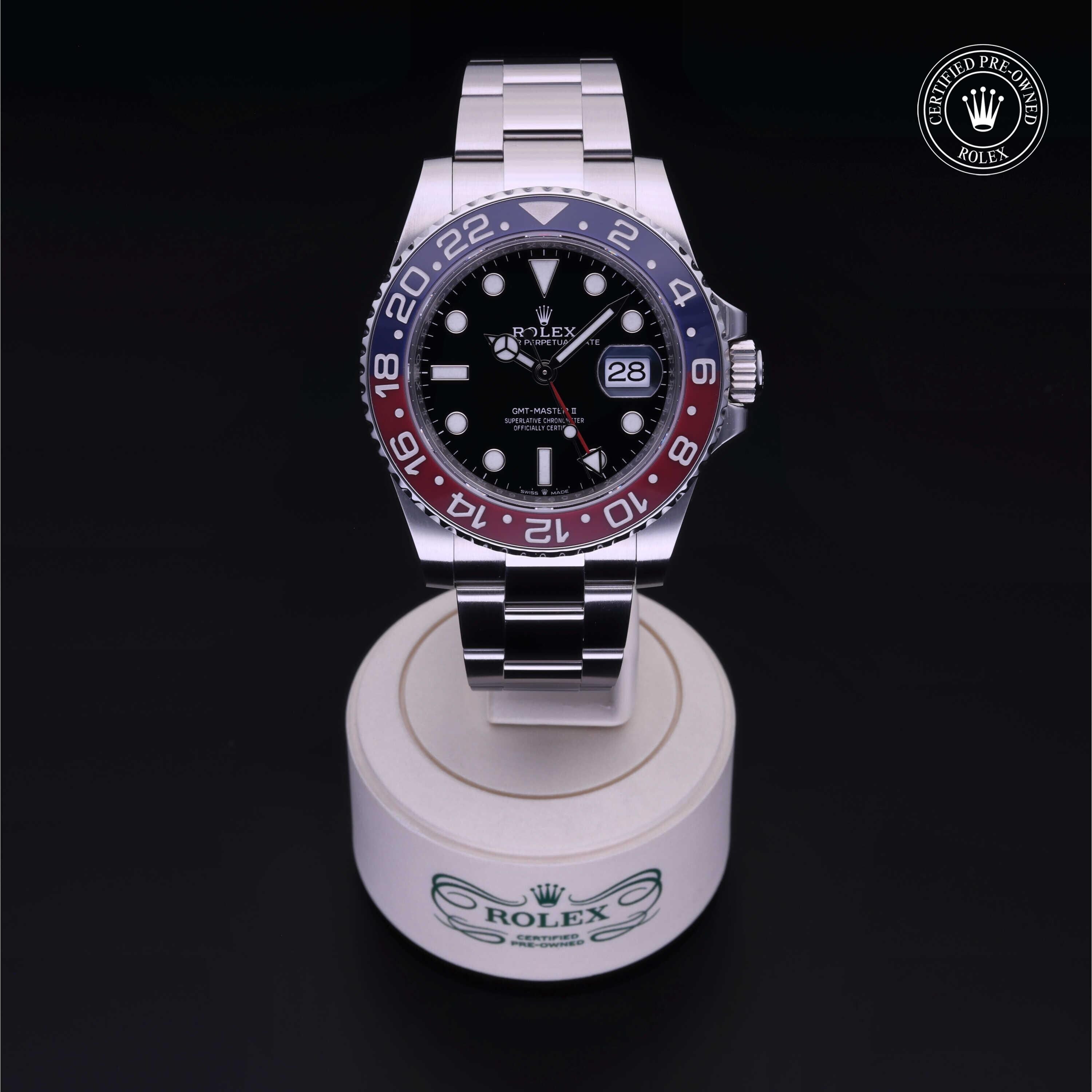 Rolex Certified Pre-owned GMT M126710BLRO-0002 front on black background