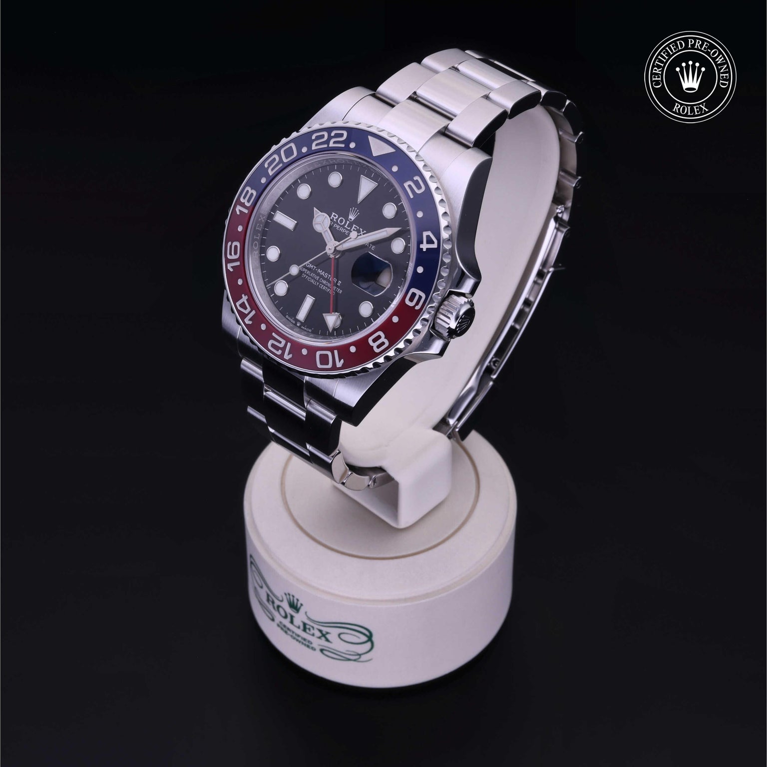 Rolex Certified Pre-owned GMT M126710BLRO-0002 front on black background