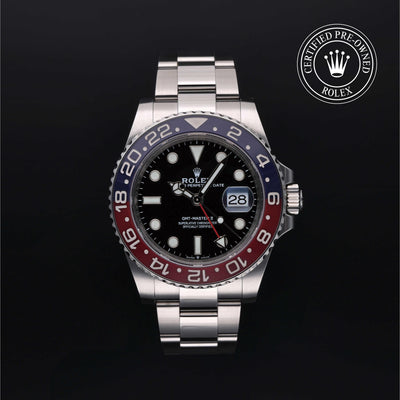Rolex Certified Pre-owned GMT M126710BLRO-0002 front on black background